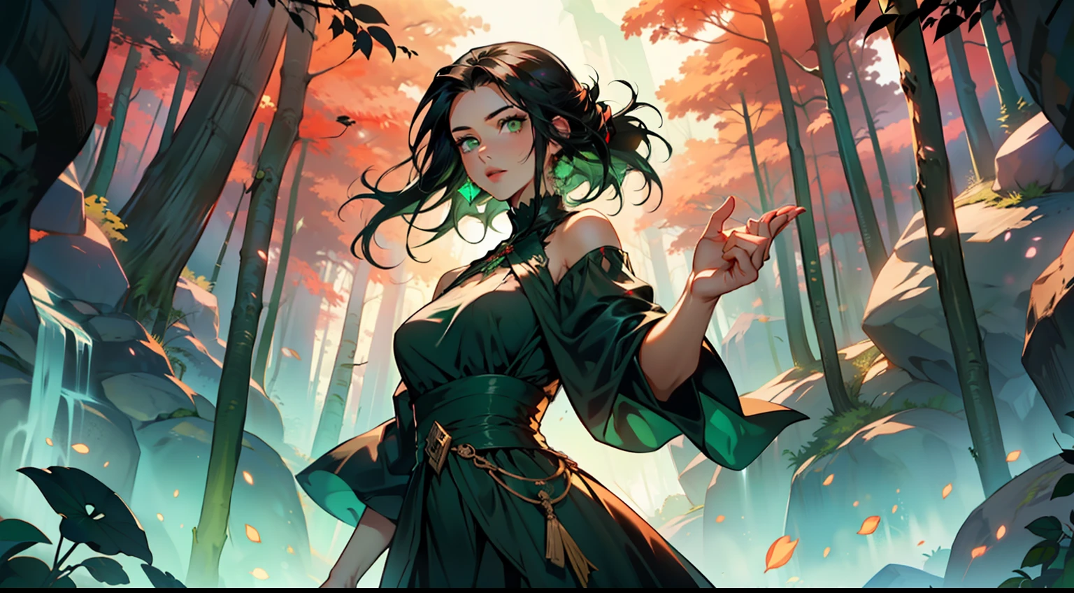 38, (1 person) (girl, (green eyes), (long black hair), green dress with white gauze, the young woman is graceful and dignified, outstanding temperament, shows interest in the imperial) (Background: outside the cave, in the forest)