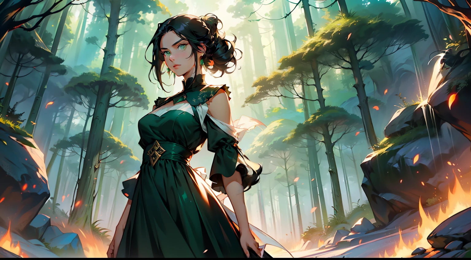 38, (1 person) (girl, (green eyes), (long black hair), green dress with white gauze, the young woman is graceful and dignified, outstanding temperament, shows interest in the imperial) (Background: outside the cave, in the forest)