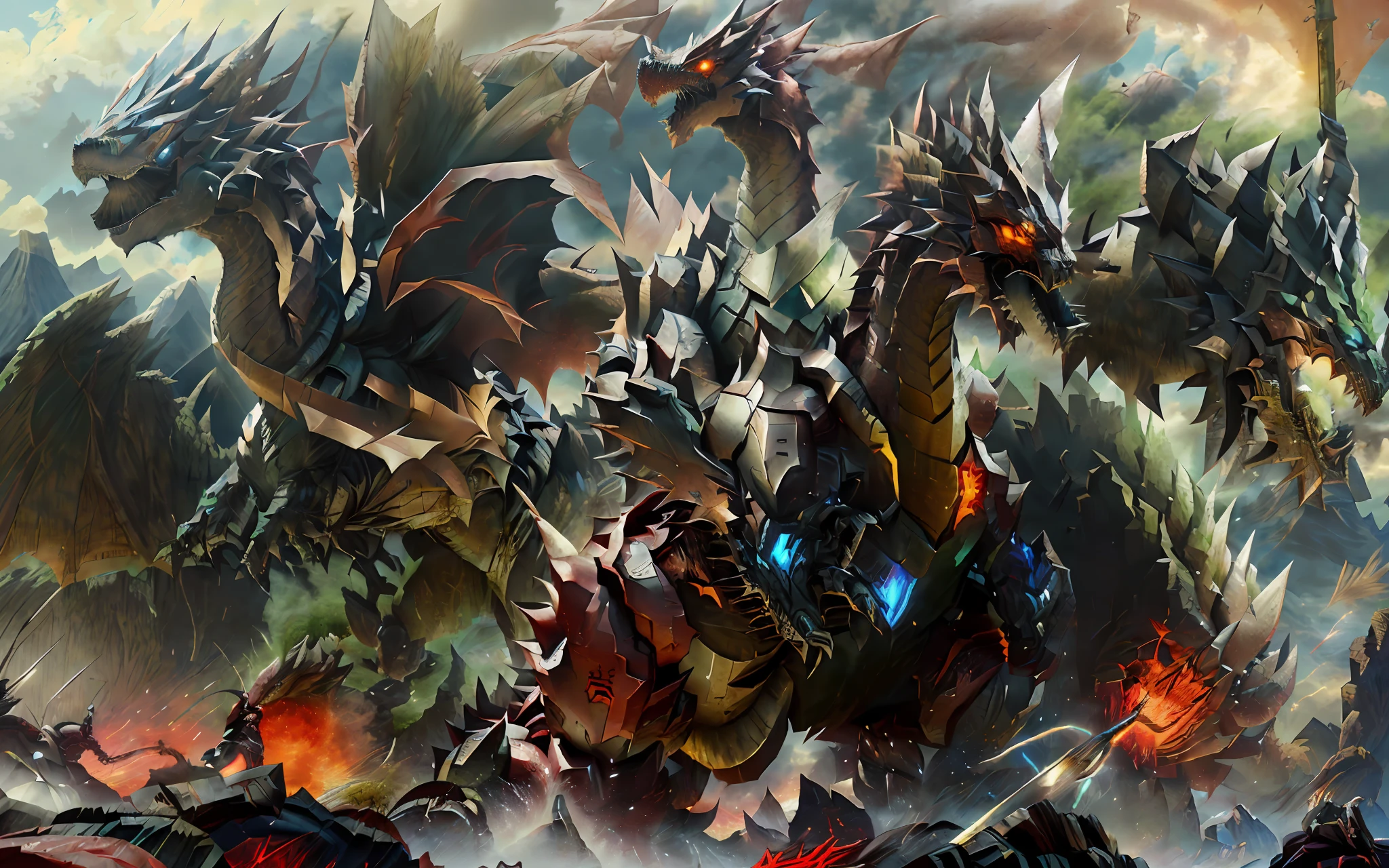 Draw a man on horseback,With a sword and a red bag, Godzilla vs. Mecha Godzilla, Fan art, vegetal dragon cyborg, Game art!!, inspired by Ryūsei Kishida, dragon cyborg, mecha art, as a badass monster hunter, advanced digital anime art ”, Mecha Godzilla, author:Zahari Zograf