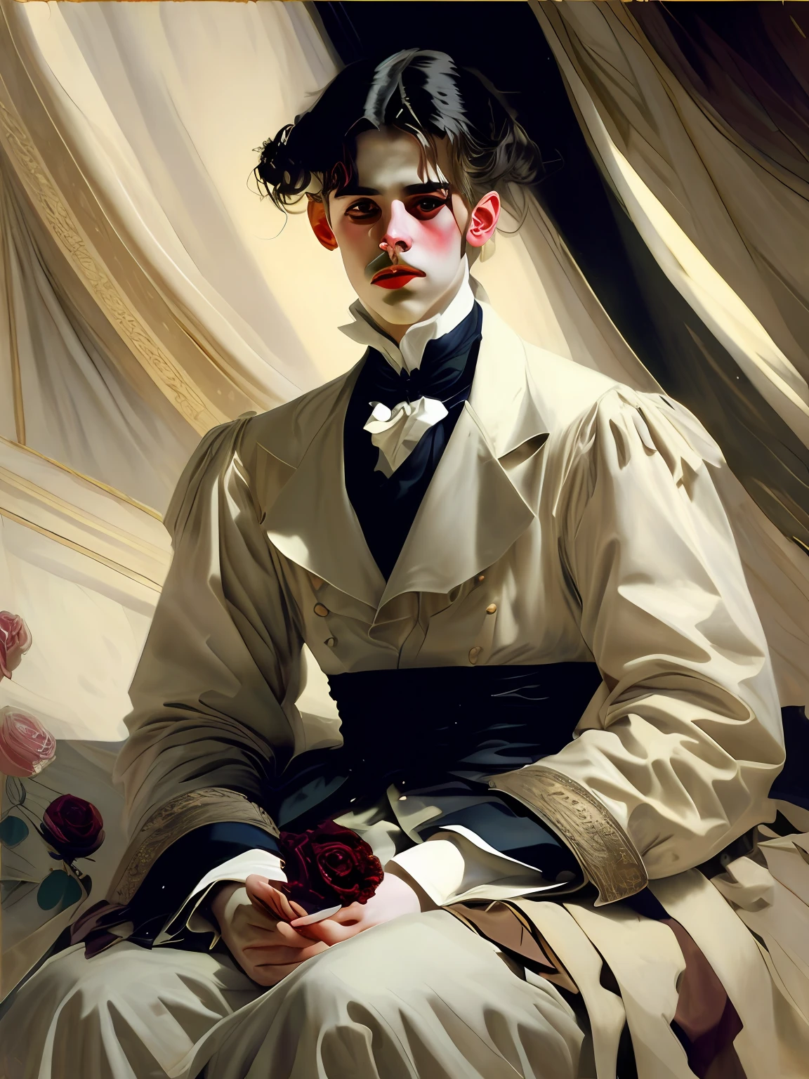 John Singer Sargent(John Singer Sargent)A painting,A young boy looks at the camera,A painting with a serious expression on his face,A man looks at the camera,With a serious expression on his face,Countless roses and peony petals have a handsome man's face in the middle,Eyebrows are clear,There was a longing for love in his melancholy eyes,There are teardrops in the corners of the eyes,Delicate skin,With a beard,The ears are big,hair messy,The face has a faint blush,The lips were slightly open with blood,Holding a black rose in his hand,Expose the chest,Blood stains on fingernails,The atmosphere is mysterious,The face is clear,Full of detail,localized light,Aperture dispersion,真实感,Advertising hard photo style,High contrast between light and dark,Magazine cover design。
