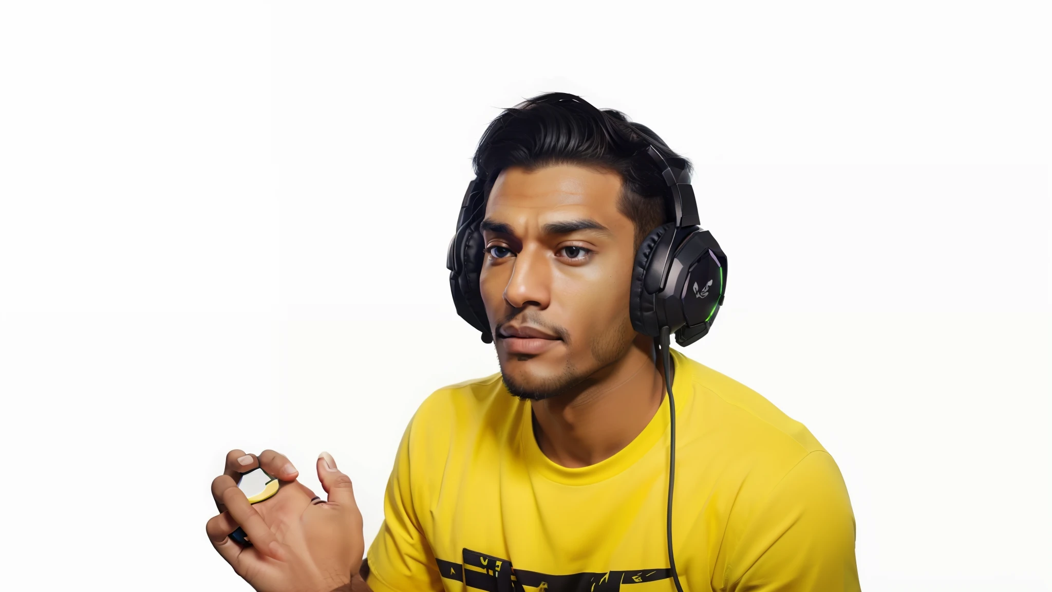 there is a man wearing headphones and a yellow shirt, wearing gaming headset, wearing a gaming headset, mkbhd, with head phones, youtube video screenshot, /r/razer, candid!! dark background, in front of a black background, gaming headset, dr zeus, twitch streamer, youtuber, he has headphones, reddit meme, low quality video, with a black background