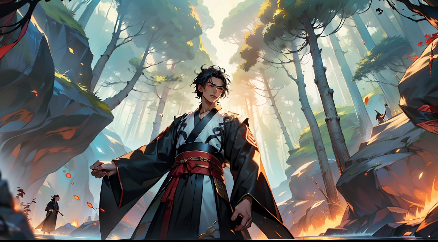 40, (1 person) (boy, (Black coat), (Black Hanfu youth), (Black hair), kingly air, gorgeous, handsome, outstanding temperament, opens up a new cave to face the challenge of the son of destiny) (Background: outside the cave, in the forest)