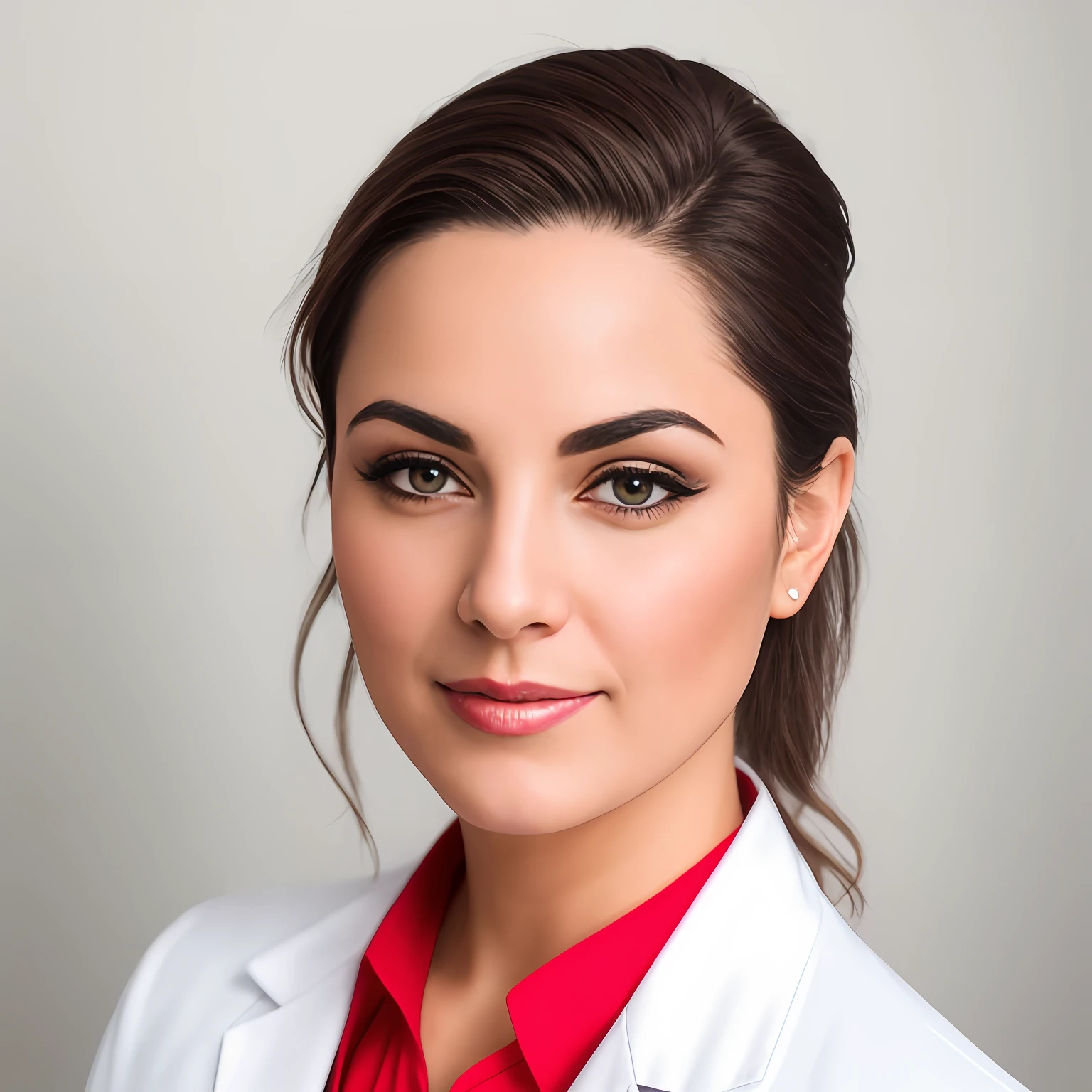 Smiling woman in white lab coat with red tie and white shirt, fotografia headshot, foto headshot, Retrato headshot, foto de closeup profissional, retrato profissional close-up, foto de perfil profissional, medical photography, retrato profissional, Retrato do perfil, imagem retrato, head and shoulder shot, foto retrato profissional, professional headshot, fotografia de retrato profissional, Foto profissional detalhada, amazing professional picture, Retrato promocional