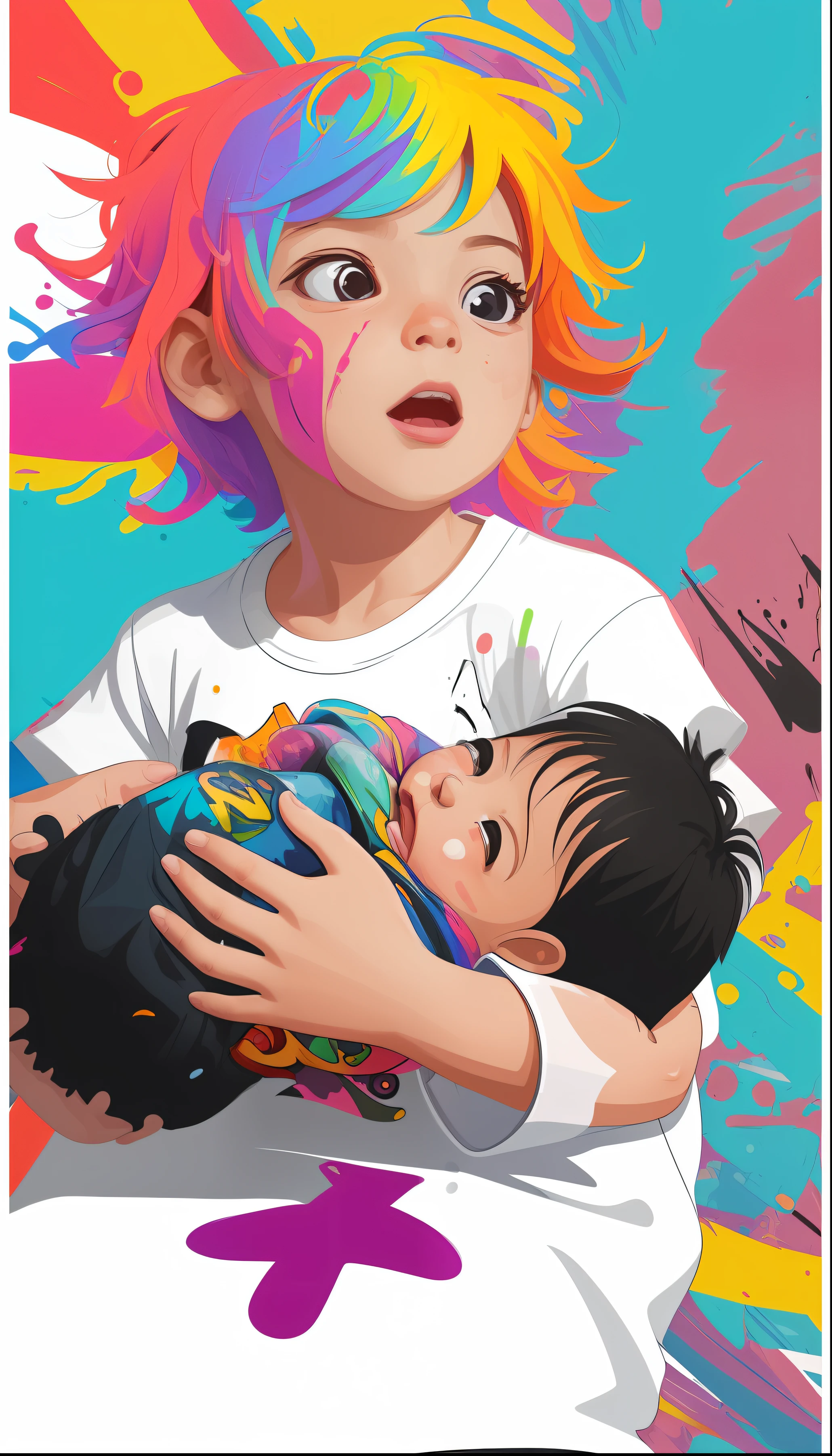 vector t shirt art, 1small girl holding her little baby brother, colorful graffiti illustration, colorful splash art background, action shot, high detail, white background, wide-view mode