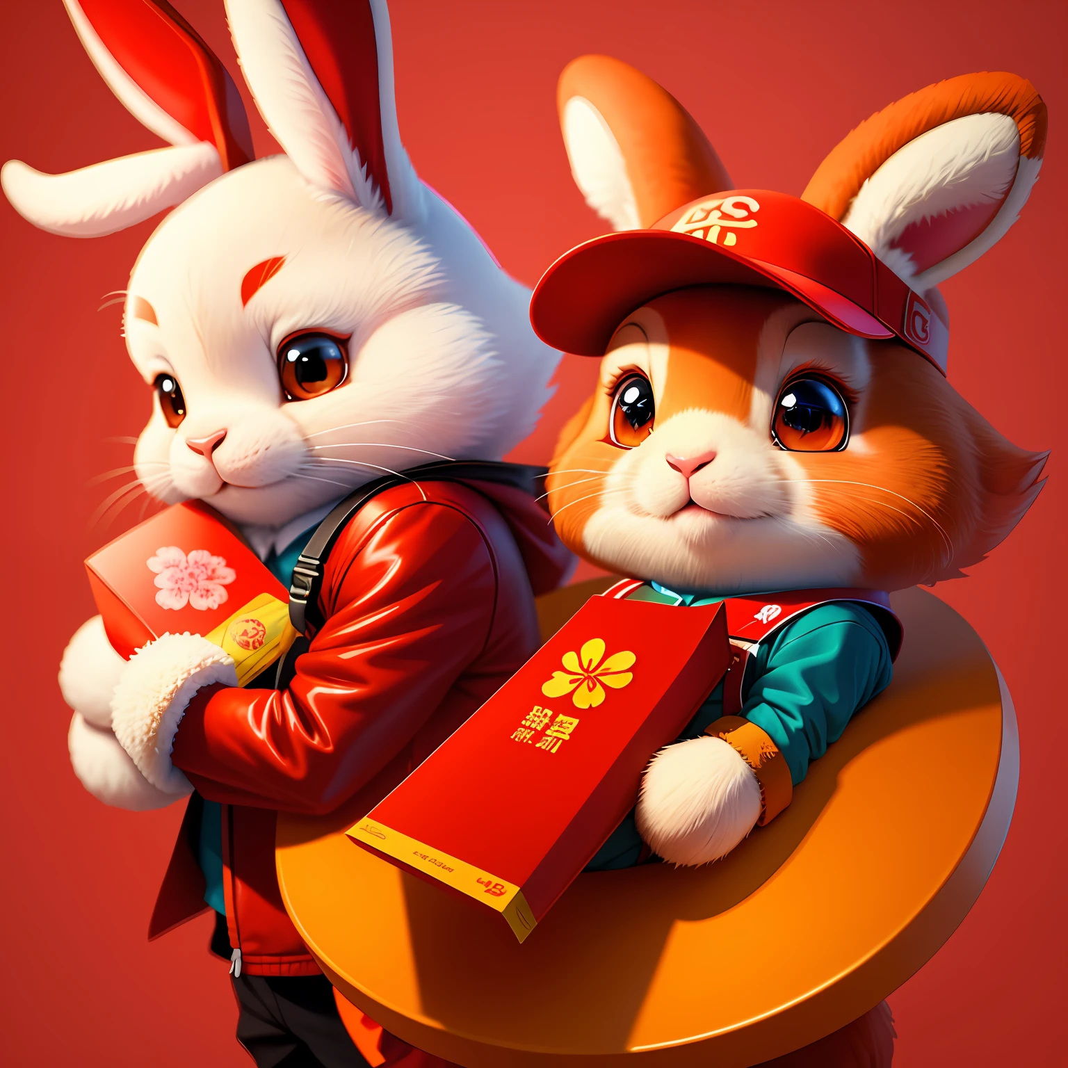 (digitial painting),(best qualtiy),Close-up of a cartoon rabbit holding a red envelope,cute anthropomorphic bunny,com mascot,Chinese New Year,2D