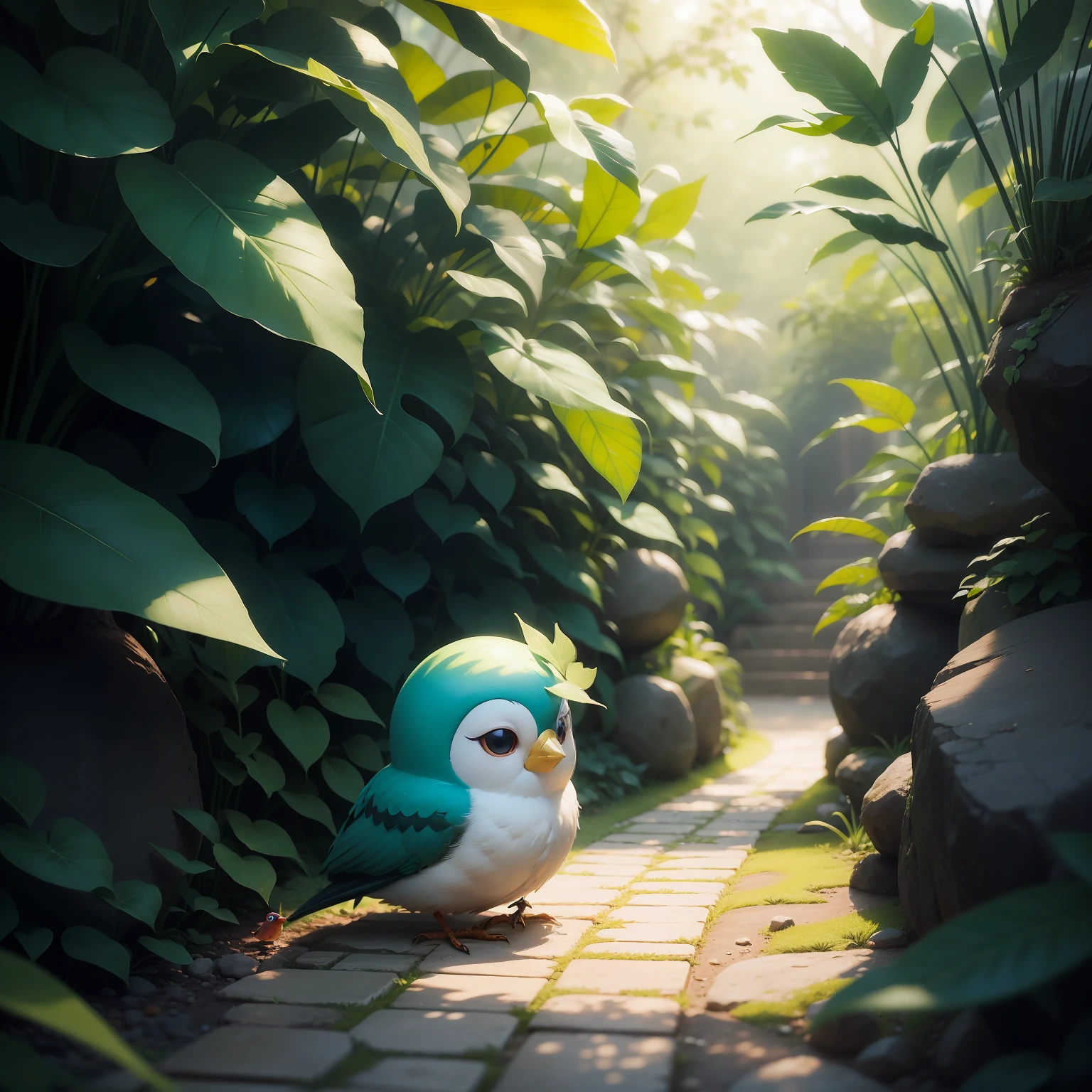 Calopsita, bird, em um jardim encantado. Estilo Chibi, hiper realista, super cute, 8K, HD.