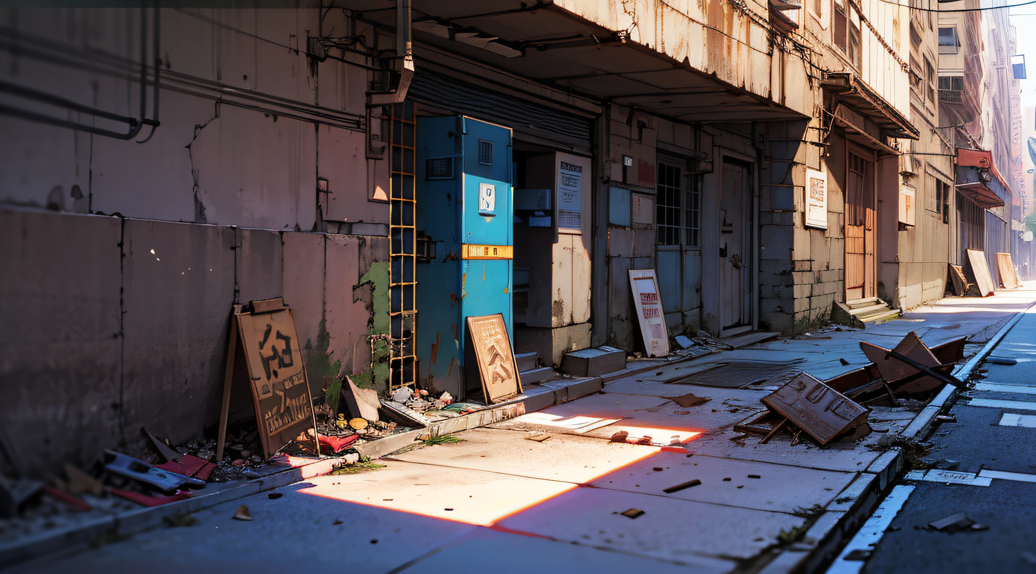 masterpiece, best quality, 8k, absurdres, (street, no humans, buildings:1.5), (metal signs, perspective, depth of field:1.2), scenery, cables, some garbage on the ground, rusty scrap, (damaged wall paint, dirty and cracked concrete wall:0.8), dusty, HDR, (bleach bypass, ginnokoshi:0.8), cinematic lighting, professional lighting, high contrast, sharp focus, highres, photography, hyperrealistic, ultra detailed, sharp details, finely detail