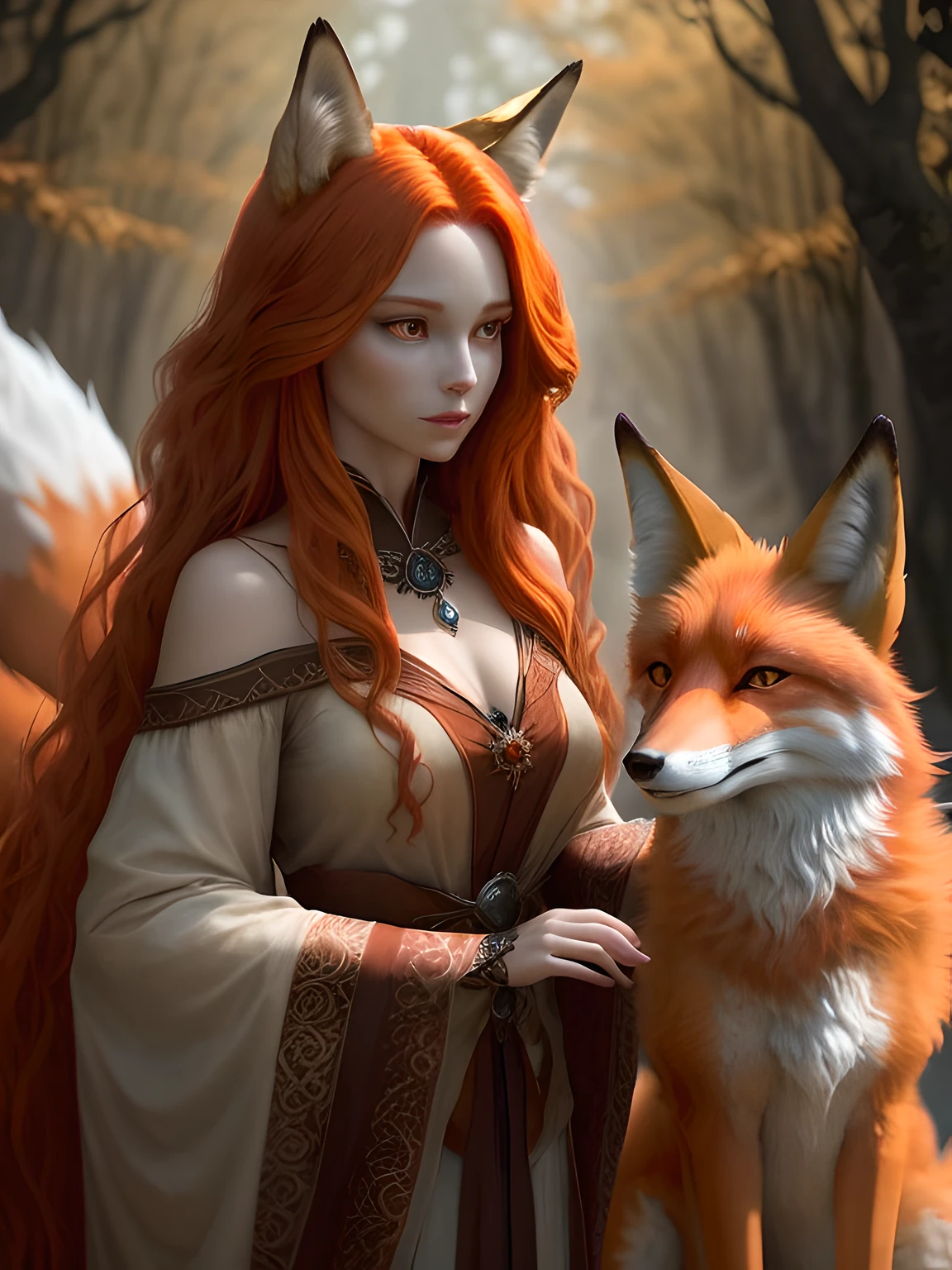 "The spirit of the fox, embodying grace and enchantment, gracefully transformed into a woman with flowing auburn hair and piercing gaze."