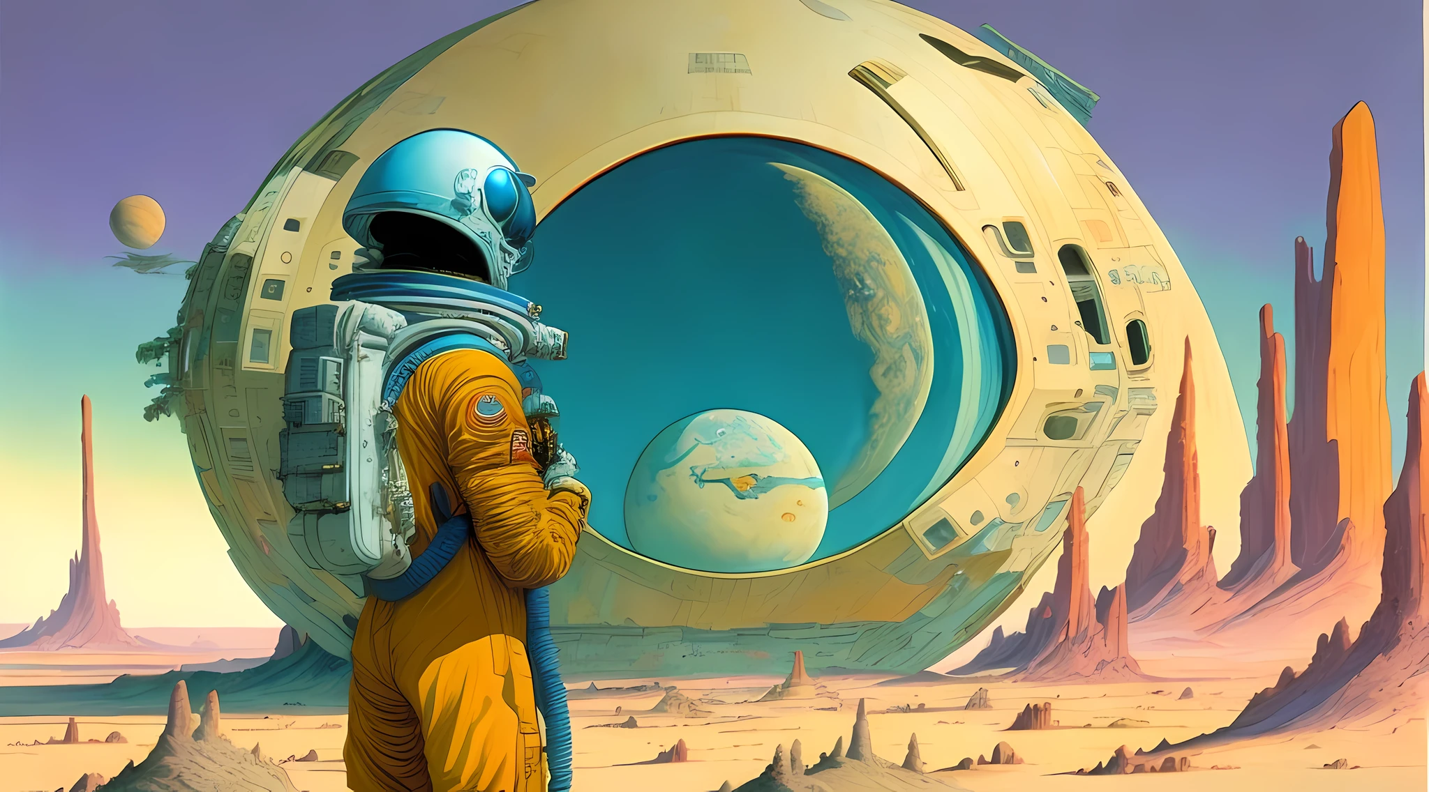 A painting of an astronaut in a spacesuit, Repair a large spaceship, Alien planet, The ring planet of Möbius Jean Giraud
