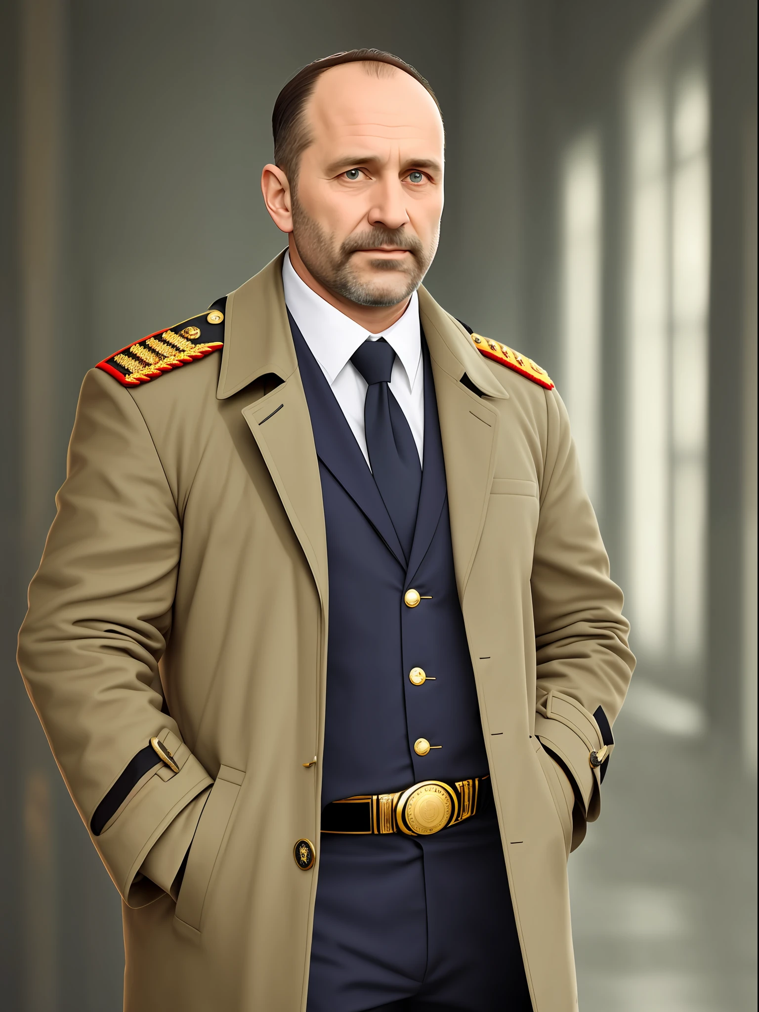 A 40-year-old middle-aged Russian uncle in an overcoat，Inside is a white shirt，There is the majesty of an officer on the face，A gold watch is worn on one hand，The other hand is pressed on the tie