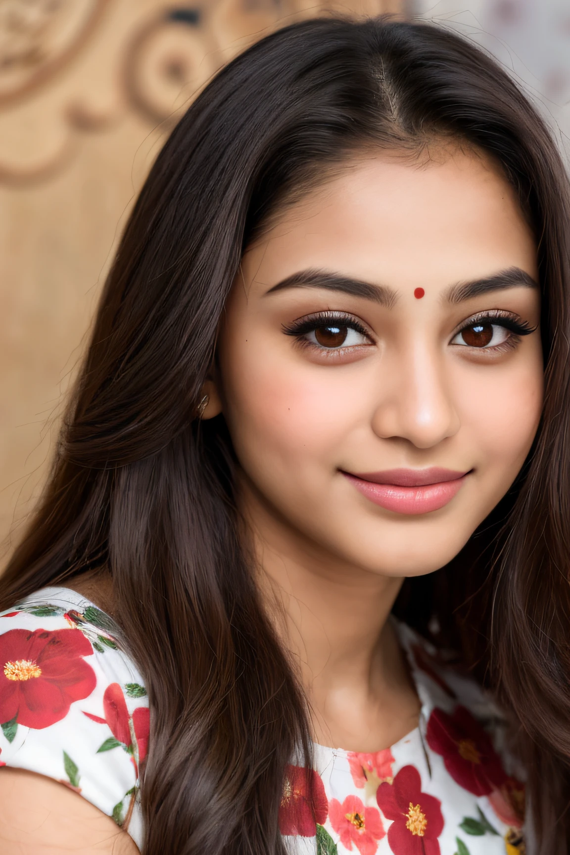 arafed woman with a floral dress posing for a picture, 70 mm portrait, detailed beauty portrait, beautiful portrait image, beautiful portrait photo, gorgeous face portrait, close up portrait photo, portrait of a beautiful model, Indian girl with brown skin, stunning portrait, beautiful face portrait, south east asian with round face, photo of a beautiful woman