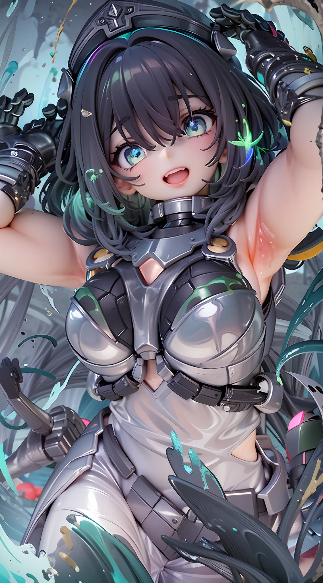 Generate Mecha Girl images, Express surprise and emotion, Wearing tight-fitting mechanical armor, Her hair is short, Blue Silver Bob, Her eyes are glowing green. She is reaching for the camera, Slime that extends to the wrist. The background is an underground cave where slime lives. blazing, Bioluminescent plants illuminate the scene, Glossy highlights, The sticky texture of the slime and the metallic finish of her armor. Despite the invasion of slime, She looks lively and playful, Her mechanical parts run fluidly despite slime adhesion. Details of her suit, Like exposed wires and glowing power cores, Can be seen through transparent slime, Add a little riskiness to your images. Slime-covered armor and glowing plants reflected on the walls of the cave、Captivating, Otherworldly atmosphere