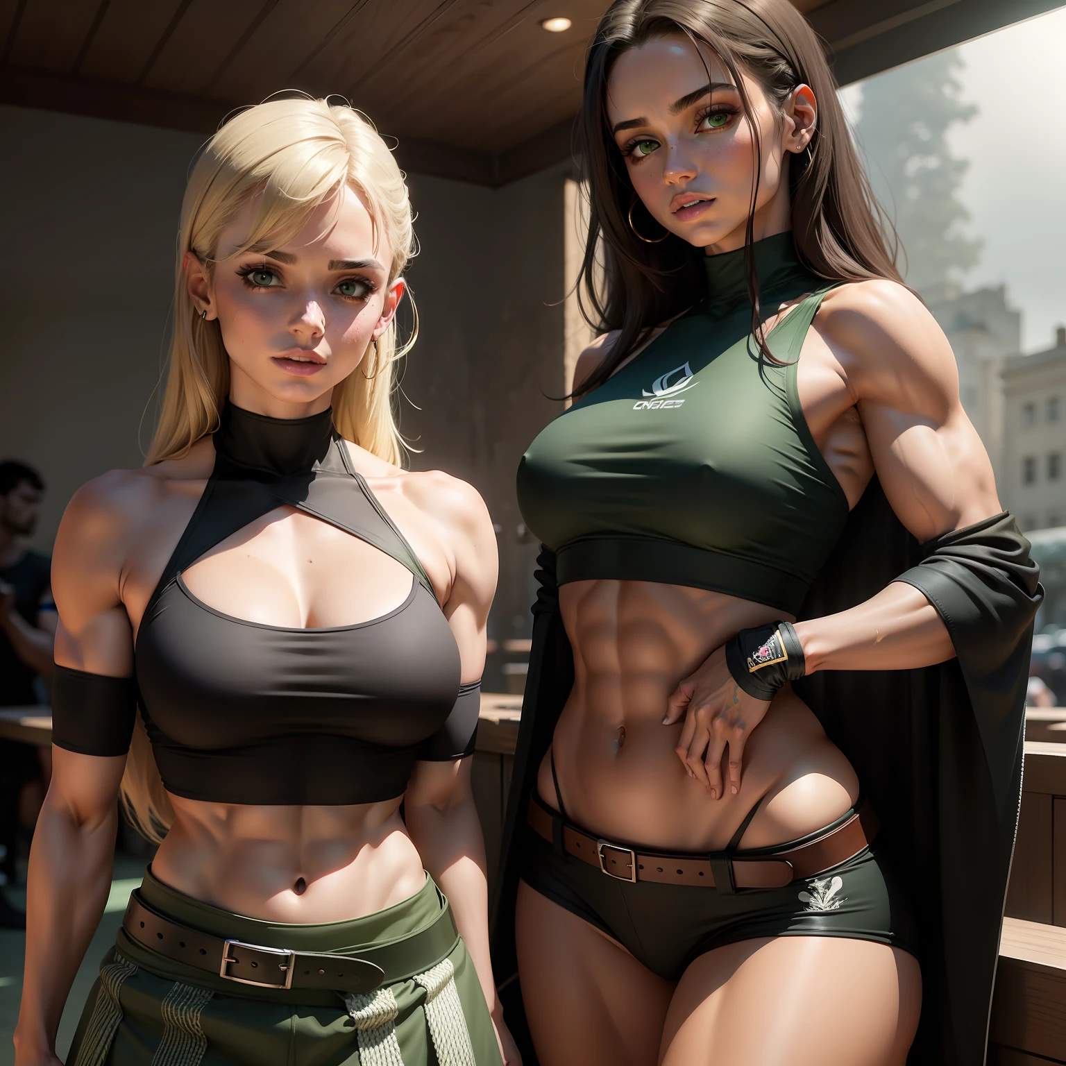 Mulher alta, lean and athletic physique;. Seu corpo esbelto veste roupas pesadas, composed of a skirt attached to a belt, decote profundo e barriga de fora. Ostenta no rosto duas pinceladas de tinta verde, uma de cada lado da bochecha.