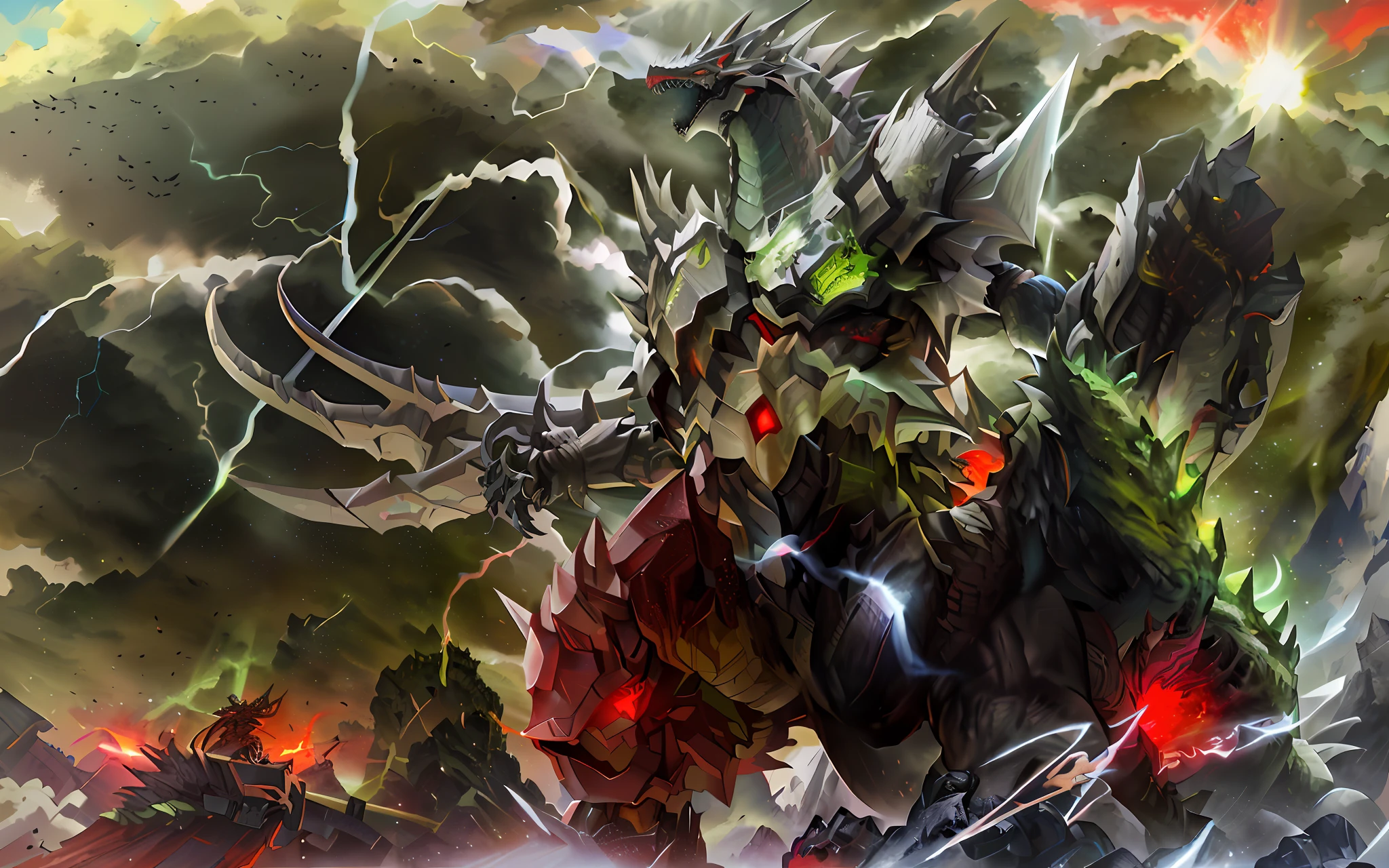 Draw a man on horseback,With a sword and a red bag, Godzilla vs. Mecha Godzilla, Fan art, vegetal dragon cyborg, Game art!!, inspired by Ryūsei Kishida, dragon cyborg, mecha art, as a badass monster hunter, advanced digital anime art ”, Mecha Godzilla, author:Zahari Zograf