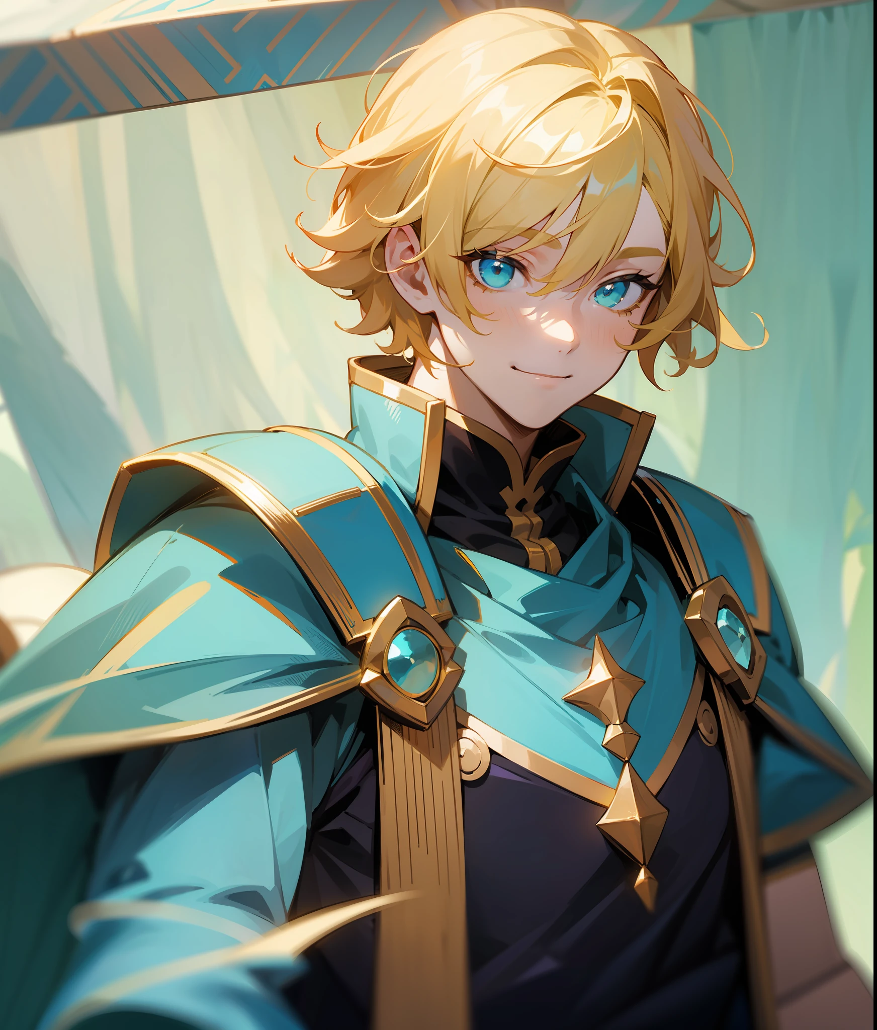 tmasterpiece, beste-Qualit, Prince Knight, 1boy, hair light, yellow hair strokes, Cyan eyes, ssmile, cyan shirt, upper-body, stands, Background of the tent