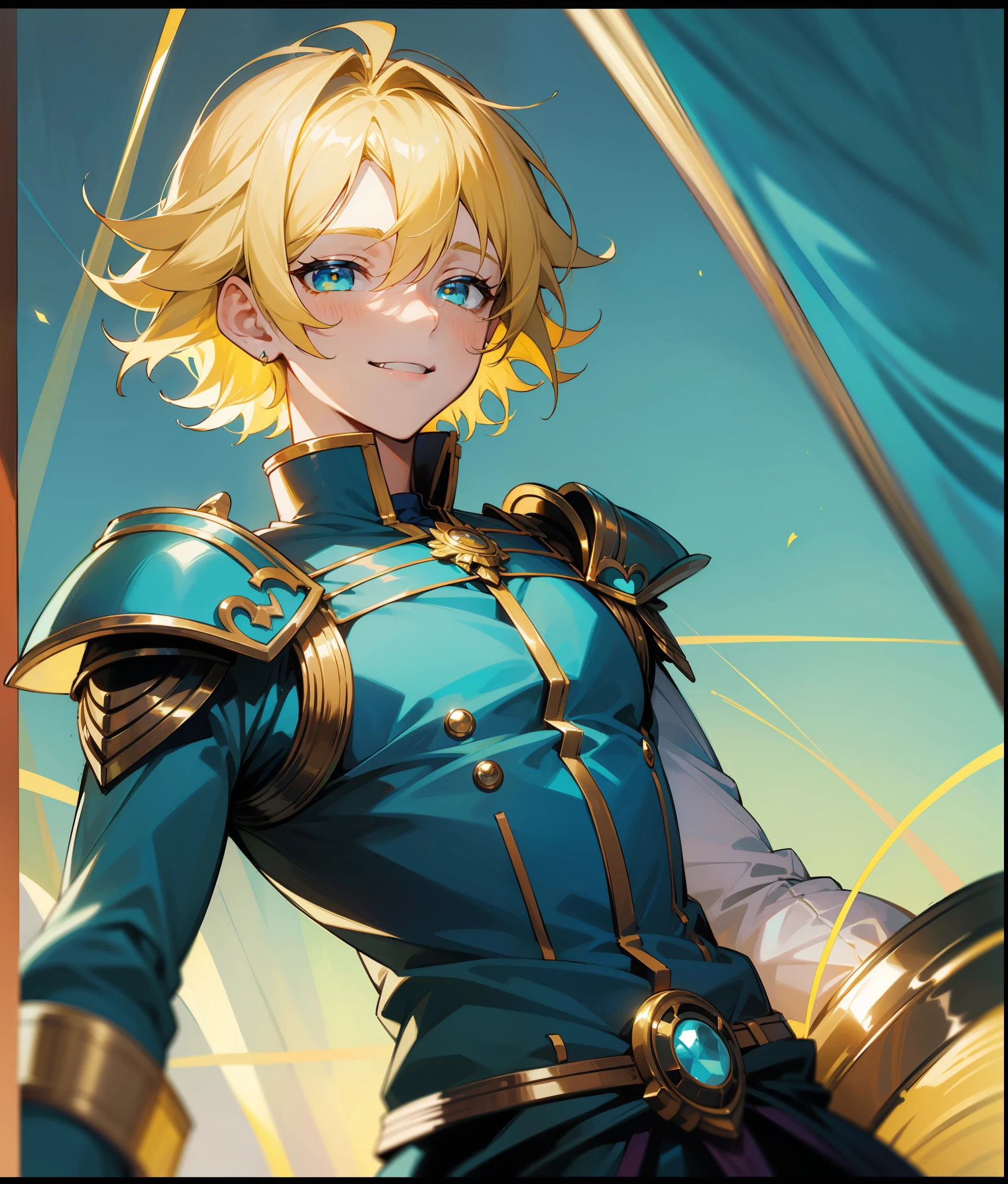 tmasterpiece, beste-Qualit, Prince Knight, 1boy, hair light, yellow hair strokes, Cyan eyes, ssmile, cyan shirt, upper-body, stands, Background of the tent