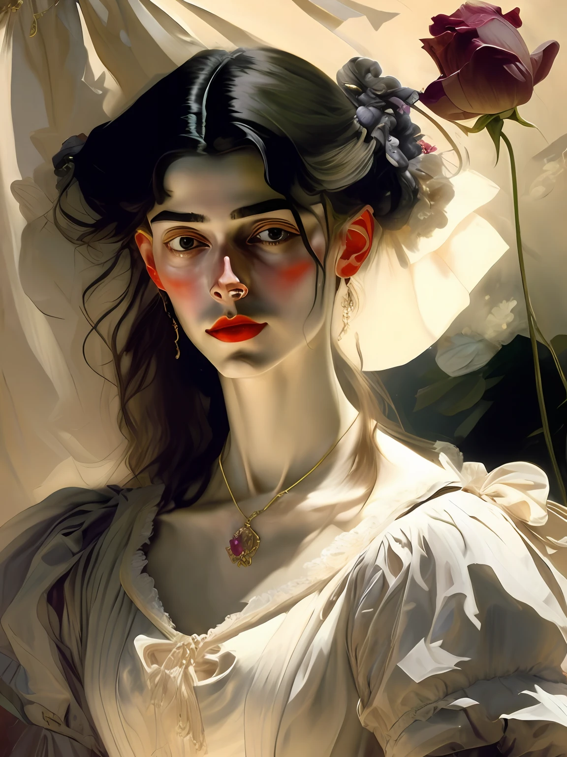 John Singer Sargent(John Singer Sargent)A painting,A man looks at the camera,With a serious expression on his face,Countless roses and peony petals have a handsome man's face in the middle,Eyebrows are clear,There was a longing for love in his melancholy eyes,There are teardrops in the corners of the eyes,Delicate skin,With a beard,The ears are big,hair messy,The face has a faint blush,The lips were slightly open with blood,Holding a black rose in his hand,Expose the chest,Blood stains on fingernails,The atmosphere is mysterious,The face is clear,Full of detail,localized light,Aperture dispersion,真实感,Advertising hard photo style,High contrast between light and dark,Magazine cover design。
