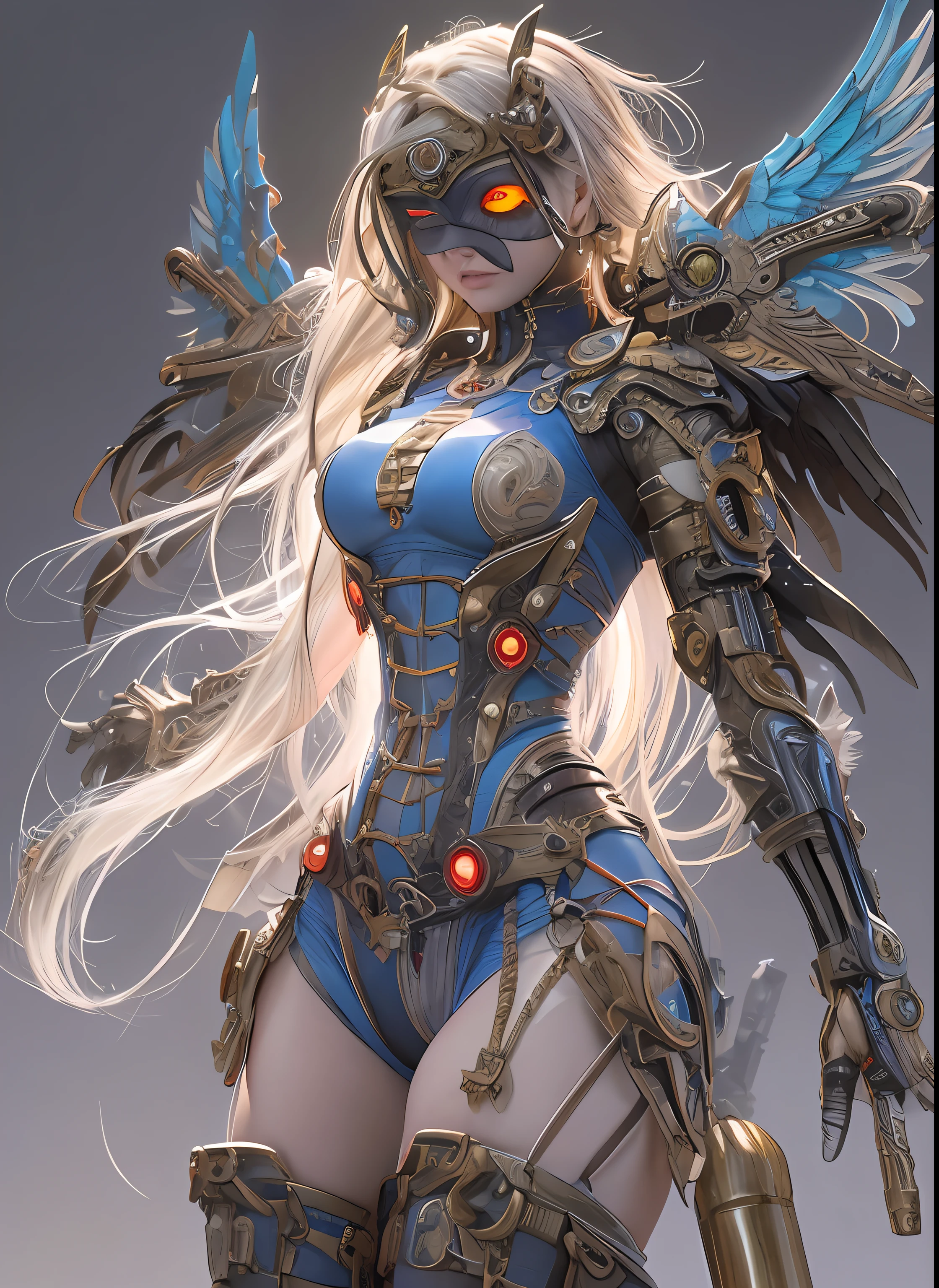 top-quality、​masterpiece、超A high resolution、(Photorealsitic:1.4)、Raw photo、女の子1人、a blond、glowy skin、1. Steampunk Angel Cyborg、large metal wings、((super realistic details))、portlate、globalillumination、Shadow、octan render、8K、ultrasharp、Colossal tits、Raw skin is exposed in cleavage、metals、Details of complex ornaments、Steampunk details、Hydraulic cylinder、highly intricate detail、Realistic light、CGSoation Trends、a purple eye、radiant eyes、Facing the camera、neon details、Mechanical limbs、blood vessels connected to tubes、Mechanical vertebrae attached to the back、mechanical cervical attaching to neck、cowboy  shot、Wires and cables connecting to the head、Sumerian details、Small LED lamp、