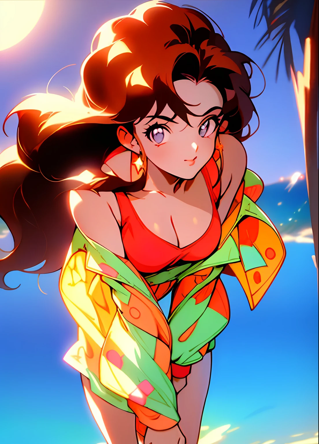 90's anime style，tmasterpiece，best qualityer，highest  quality，realisticlying，perfectanatomy，perfectface，Perfect eyes，long eyelasher，largeeyes，eye glass，lipstick，Face shot，closeup of face，illumination，rays of moonlight，Dazzling，Brown hair long，ssmile，the night，galactic，starrysky，🌌，looking at the stars