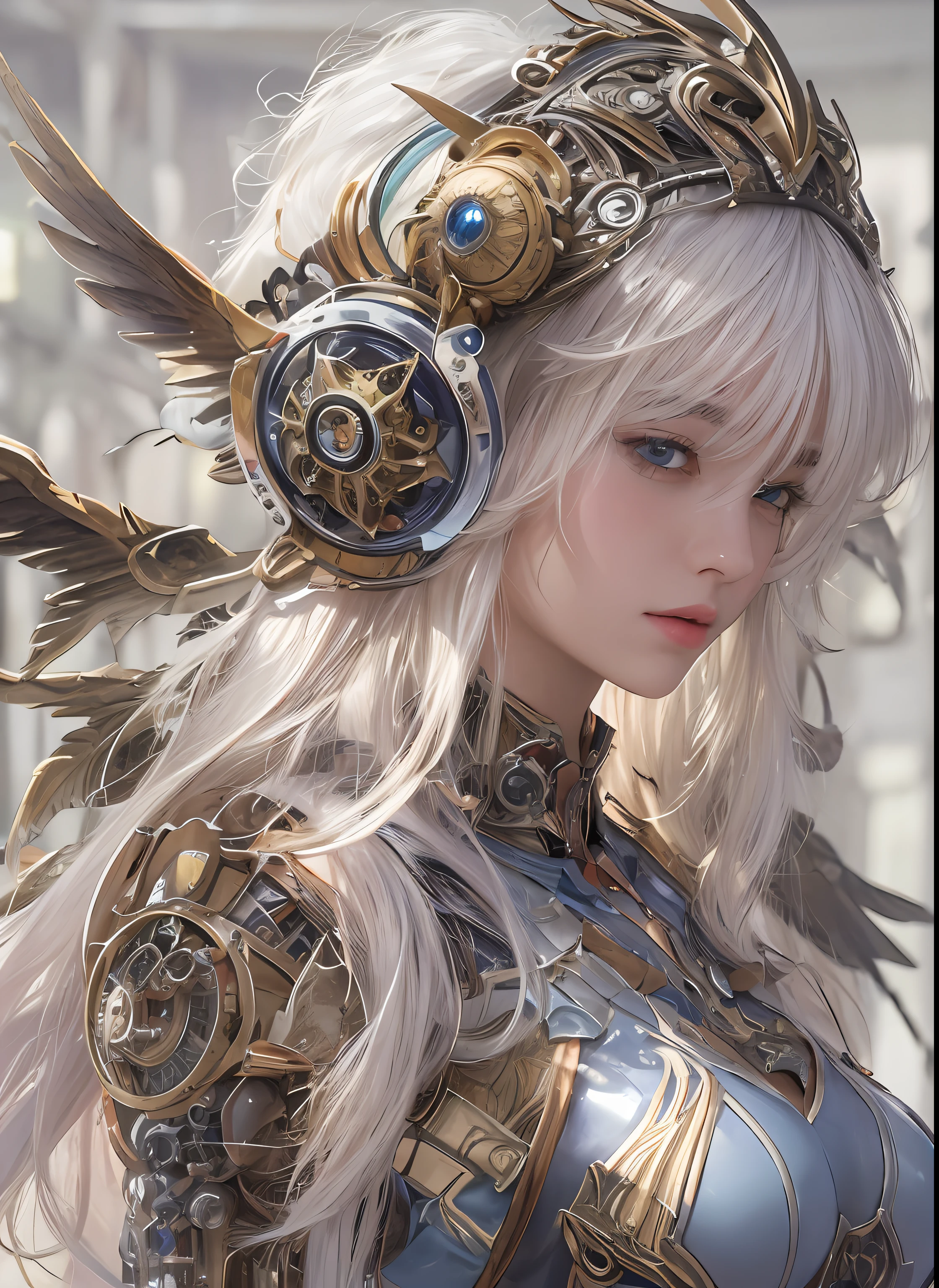 top-quality、​masterpiece、超A high resolution、(Photorealsitic:1.4)、Raw photo、女の子1人、a blond、glowy skin、1. Steampunk Angel Cyborg、large metal wings、((super realistic details))、portlate、globalillumination、Shadow、octan render、8K、ultrasharp、Colossal tits、Raw skin is exposed in cleavage、metals、Details of complex ornaments、Steampunk details、Hydraulic cylinder、highly intricate detail、Realistic light、CGSoation Trends、a purple eye、radiant eyes、Facing the camera、neon details、Mechanical limbs、blood vessels connected to tubes、Mechanical vertebrae attached to the back、mechanical cervical attaching to neck、cowboy  shot、Wires and cables connecting to the head、Sumerian details、Small LED lamp、