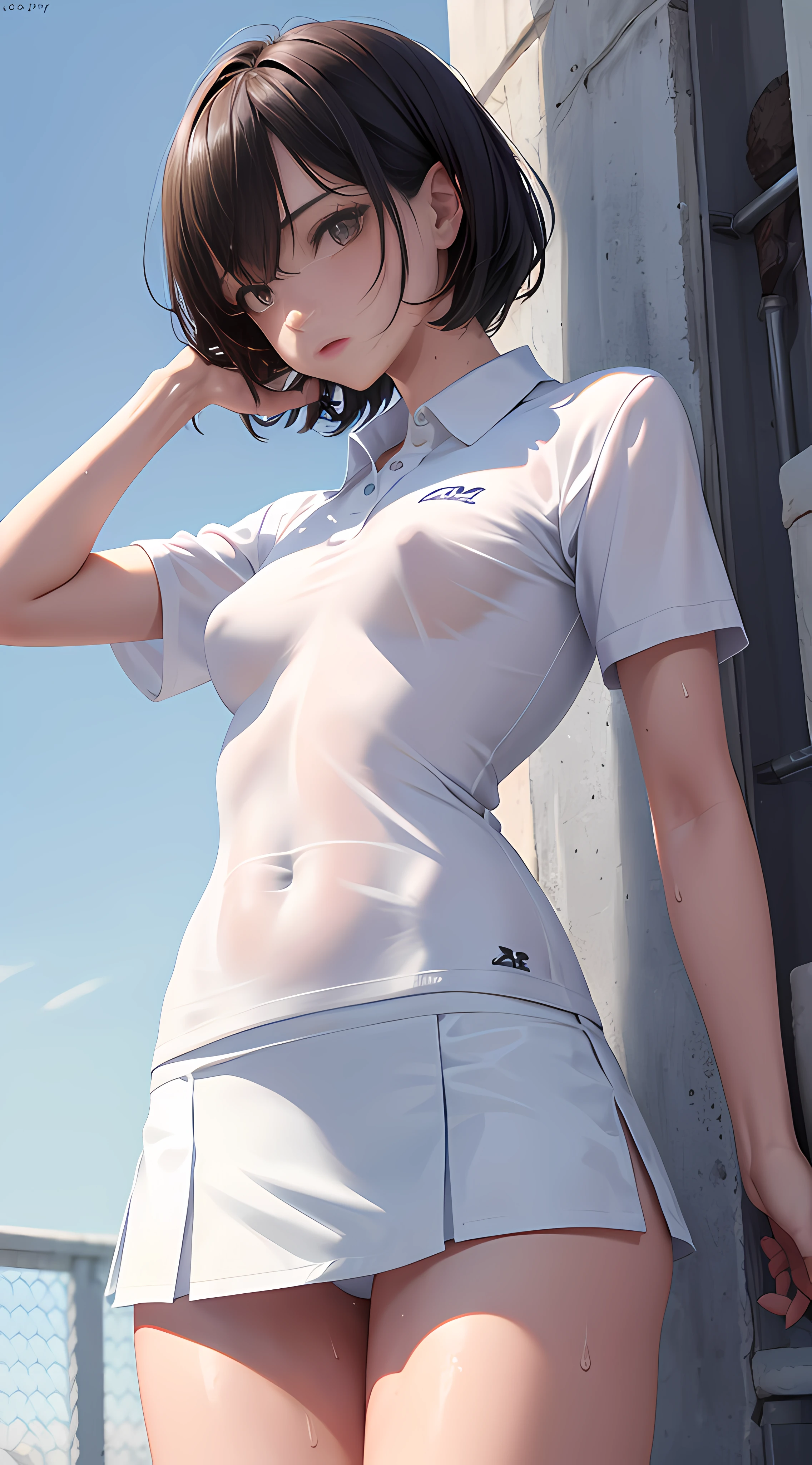 1girl, solo, white polo shirt, white sneakers, tennis wear, white miniskirt, masterpiece, best quality, realistic, hyper-detailed, (shiny skin, sweaty:1.4), absurd, looking at viewer, short black hair, brown eyes, slender, dynamic lighting, high resolution, sharp focus, depth of field, detailed eyes, sharp pupils, realistic pupils, (small breasts:1.6), (thick thighs:1.0), outdoor, sky