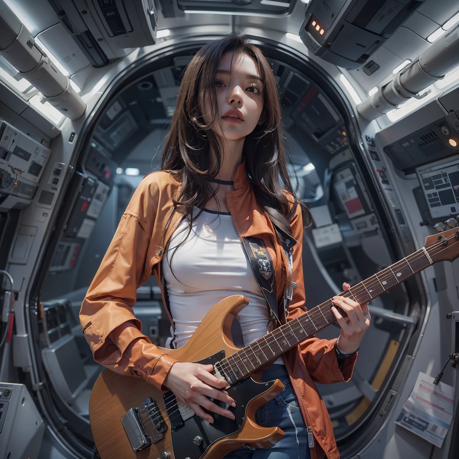 Woman Standing Holding Guitarter Thin bodysuit and long sleevesTwearing a shirts Inside the spacecraft