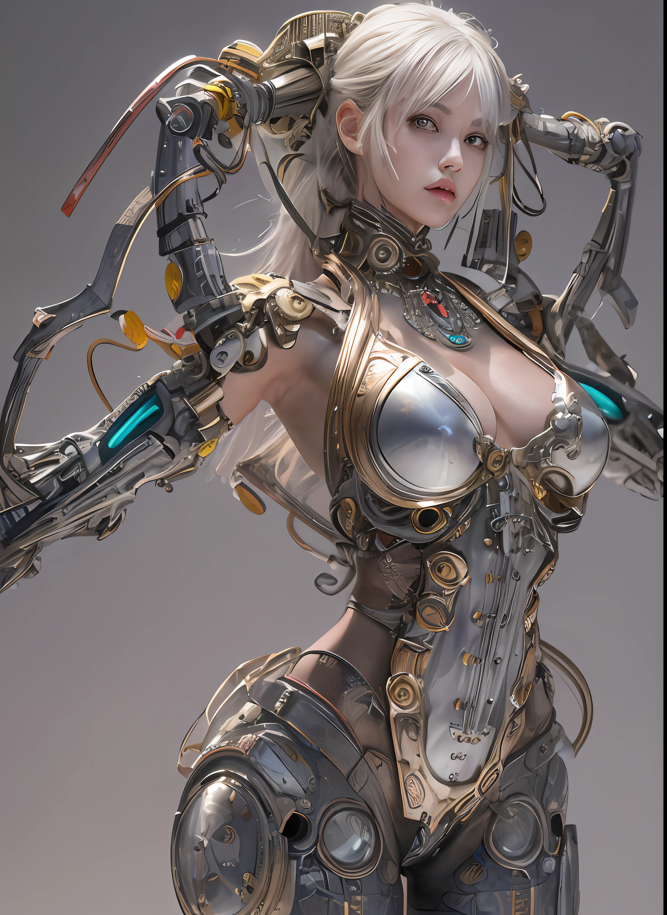 top-quality、masterpiece、超A high resolution、(Photorealsitic:1.4)、Raw photo、女の子1人、a blond、glowy skin、1. Steampunk Angel Cyborg、large metal wings、((super realistic details))、portlate、globalillumination、Shadow、octan render、8K、ultrasharp、Colossal tits、Raw skin is exposed in cleavage、metals、Details of complex ornaments、Steampunk details、Hydraulic cylinder、highly intricate detail、Realistic light、CGSoation Trends、a purple eye、radiant eyes、Facing the camera、neon details、Mechanical limbs、blood vessels connected to tubes、Mechanical vertebrae attached to the back、mechanical cervical attaching to neck、cowboy shot、Wires and cables connecting to the head、Sumerian details、Small LED lamp、