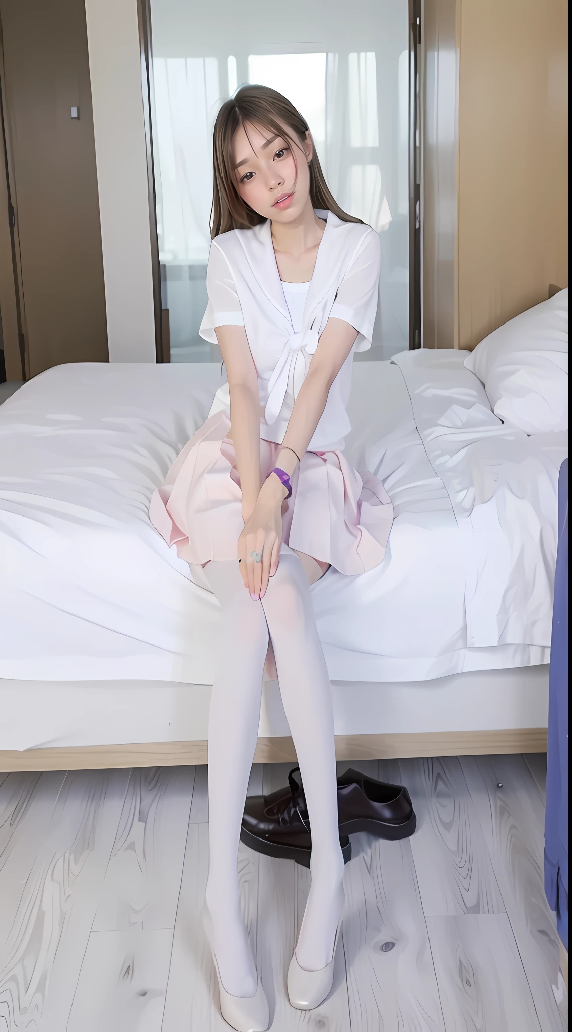There is a woman sitting on the bed having,legs crossed, smooth white tight clothes suit, japanese girl school uniform, wearing a Japanese school uniform, cute female student, Surrealism female students, Japanese school uniform, wearing skirt and high socks, Full length and white stockings, thighhighs and skirt, Surrealism female students, Korean girl, Realistic schoolgirl, in school uniform