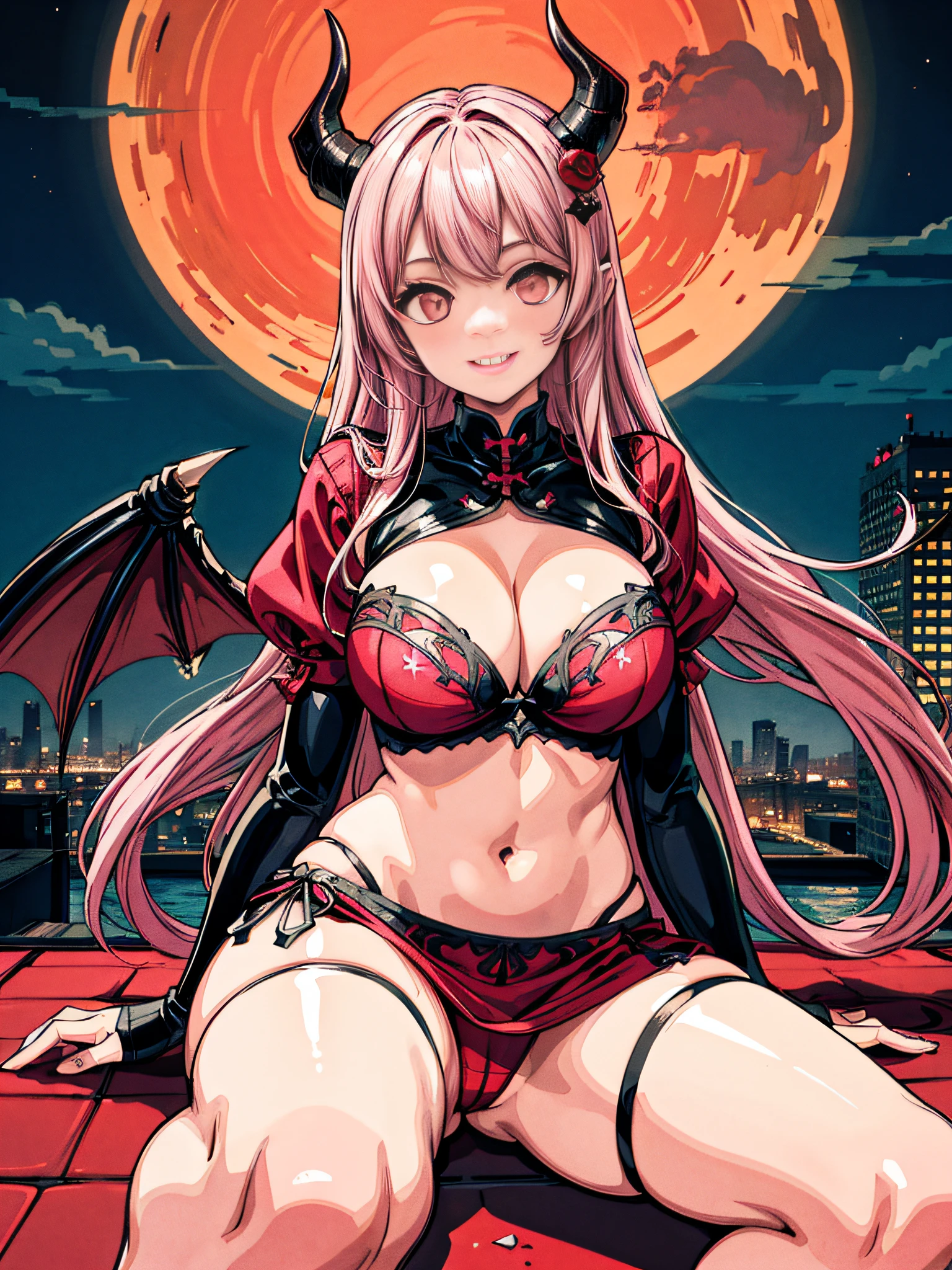 1 demon girl, Horns, Demon wings, Tail, Pink Long Hair, Glowing eyes, Hair ornaments, Red clothes, Provocative, attractive smile, break dance, on a rooftop, Night, view the viewer, Middle Ages, Intricate, Cherry pink theme, Pink tone, illustration, underdressing,pantiess,navel,cleavage,Large breasts,