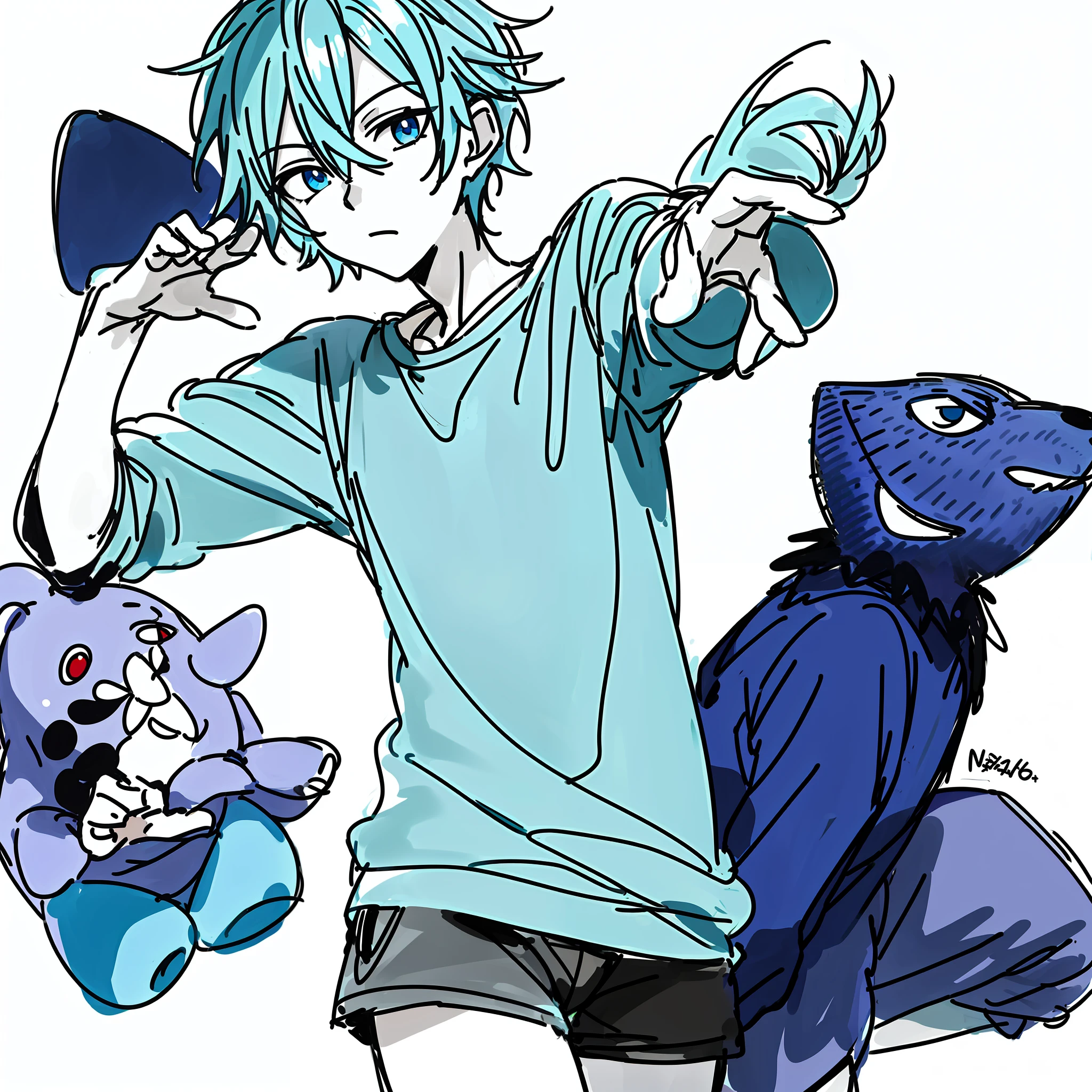 Drawing of a person in a blue shirt and blue sweater, Handsome Anime Pose, 2 d anime style, tall anime man with blue eyes, with index finger, Anime Boy, Thoughtful Pose, kaworu nagisa, Casual pose, inspired by Okumura Togyu, anime pose, young anime man, with teal clothes(top-quality、8K、32K、​masterpiece、nffsw:1.2)、