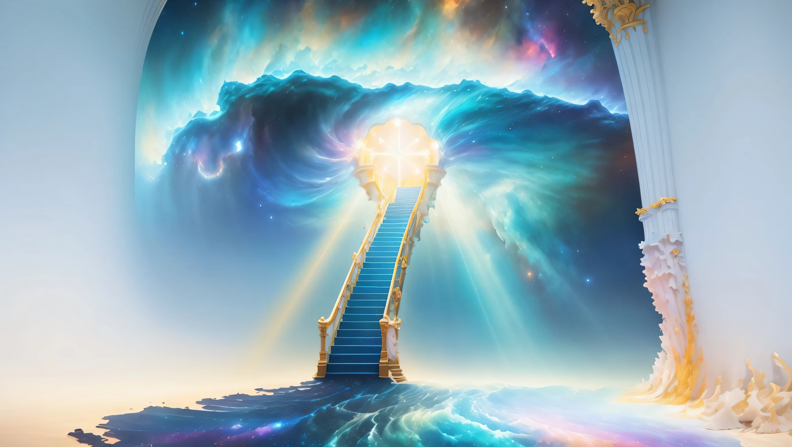 ((best quality)), ((masterpiece)), Wonderful, Beautiful, Shiny, Glory of God, Super Detailed, a stairway leading to the sky with clouds and sun , (detailed), oil painting, (nebula under the sea:1.3), (galactic:1.2), celestial, ocean, (incredibly detailed:1.1), (complex details:1.2), (Studio Ghibli influence:1.1), mosaic, (photorealistic:1.2), volumetric lighting, (ray tracing:1.1), well lit, (octane render:1.1), (Art Nouveau style:1.2), Raw, Ultra Quality, A Stairway to Heaven, Inside a Tunnel of Light, in the background with a bright light coming from the top, Andries Stock, sky, a picture, rayonism