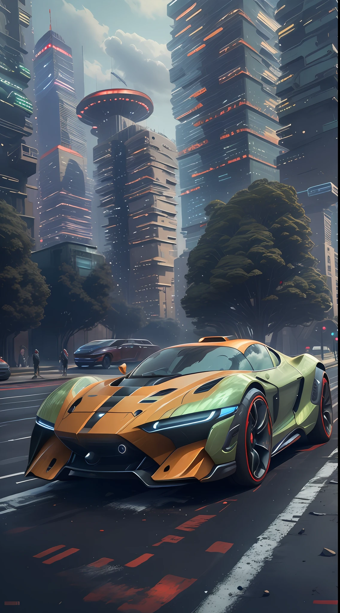 A futuristic sports car on the street of a futuristic city