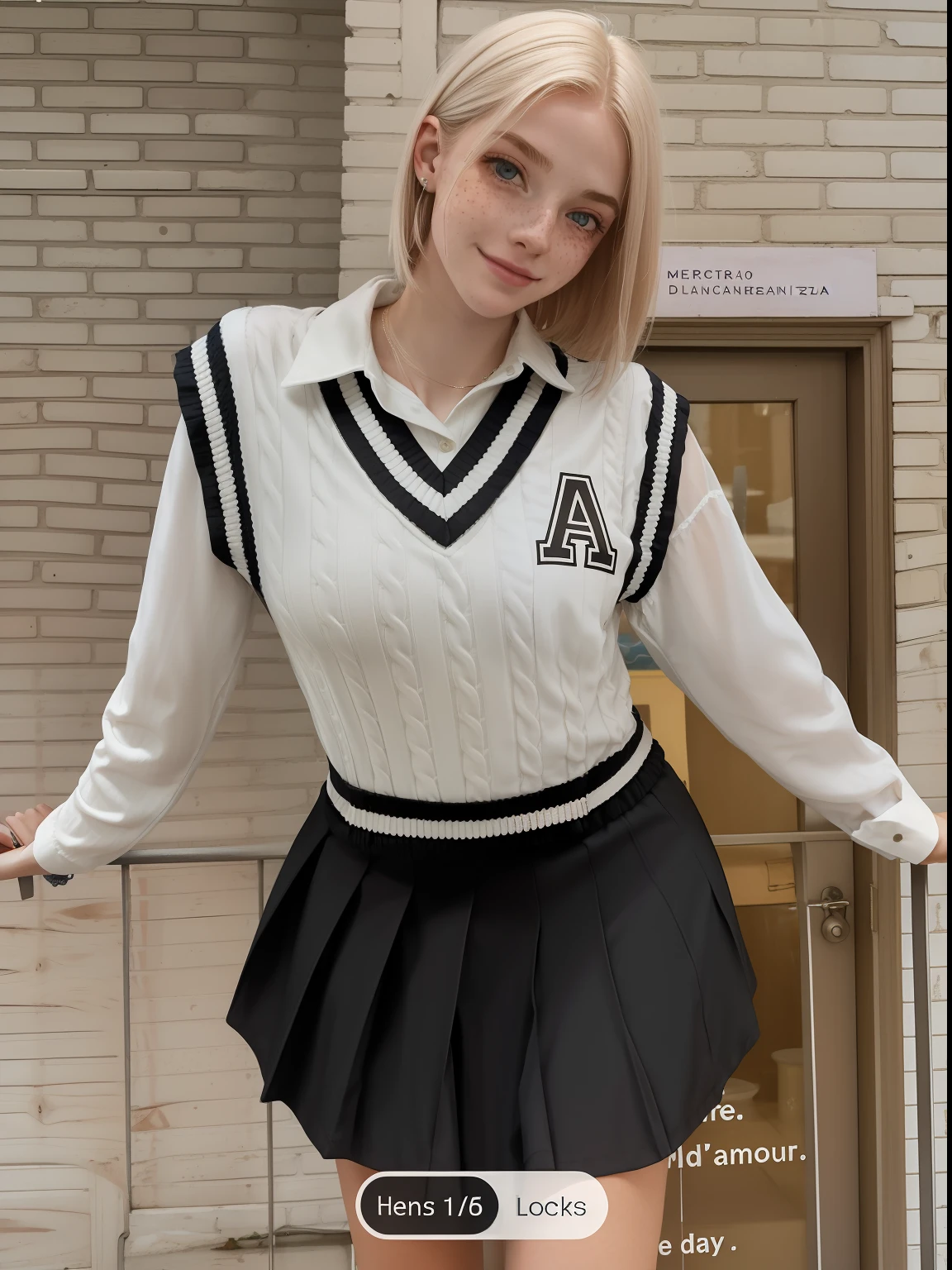 Rosto de uma mulher, americana, 19 anos, pale skin and freckles, olhos cinzas, nariz delicado, soft and delicate lips, cabelo blondie cinza, ultrarrealista HD fotorrealista altamente renderizado sorriso cativante, head proportional to the body,