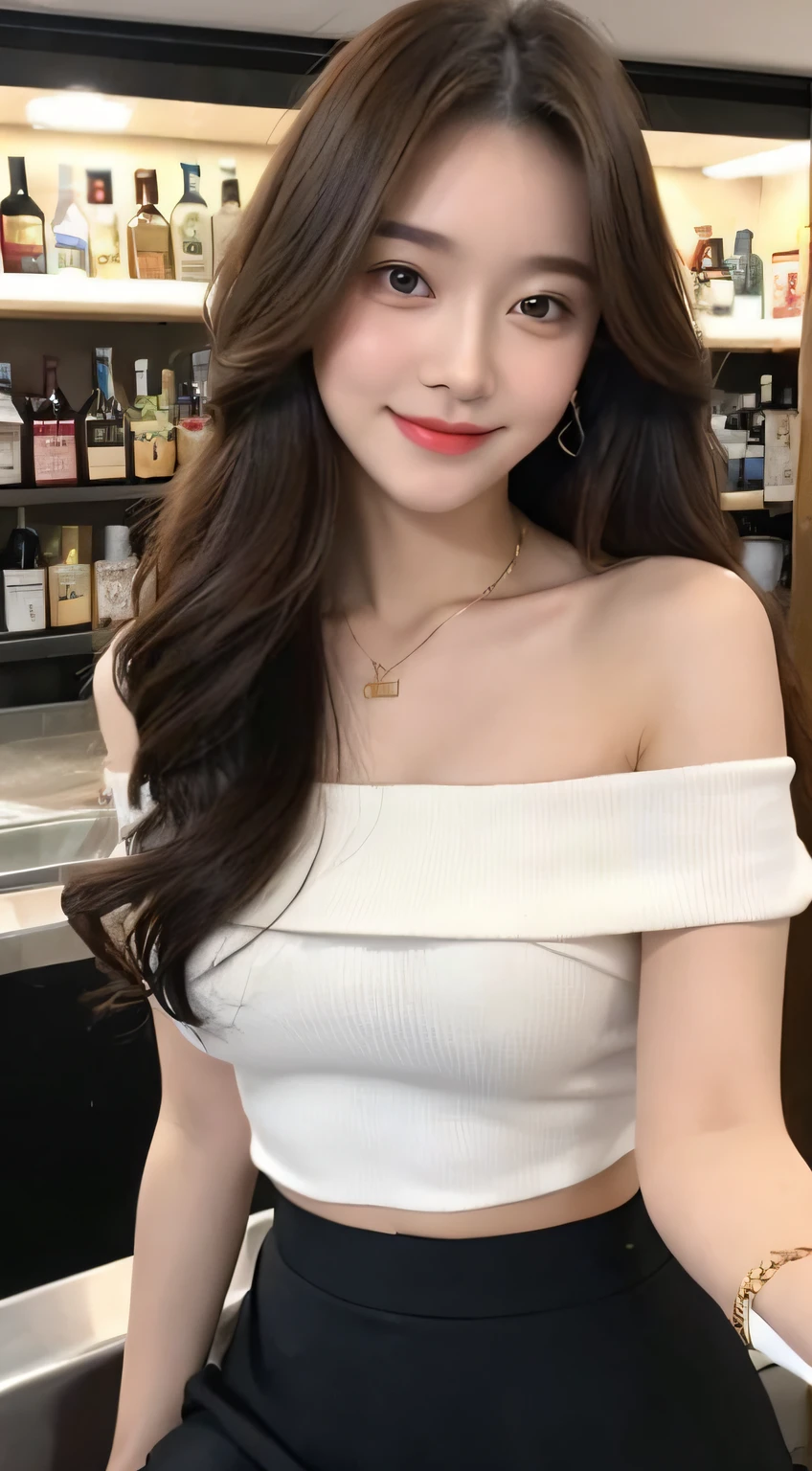 A superb exquisite real beautiful girl, golden long curly hair, extremely exquisite facial features, peerless beautiful girl, collarbone off-the-shoulder, white crop top shirt, black JK skirt, exposed legs, sweet smile, soft, dreamy quality, light white and dark brown, exaggerated facial features, solid color, frank off-white, surreal, blue gemstone necklace, ultra-clear, beautiful young girl, cute and lively, super short leggings, background at the bar counter