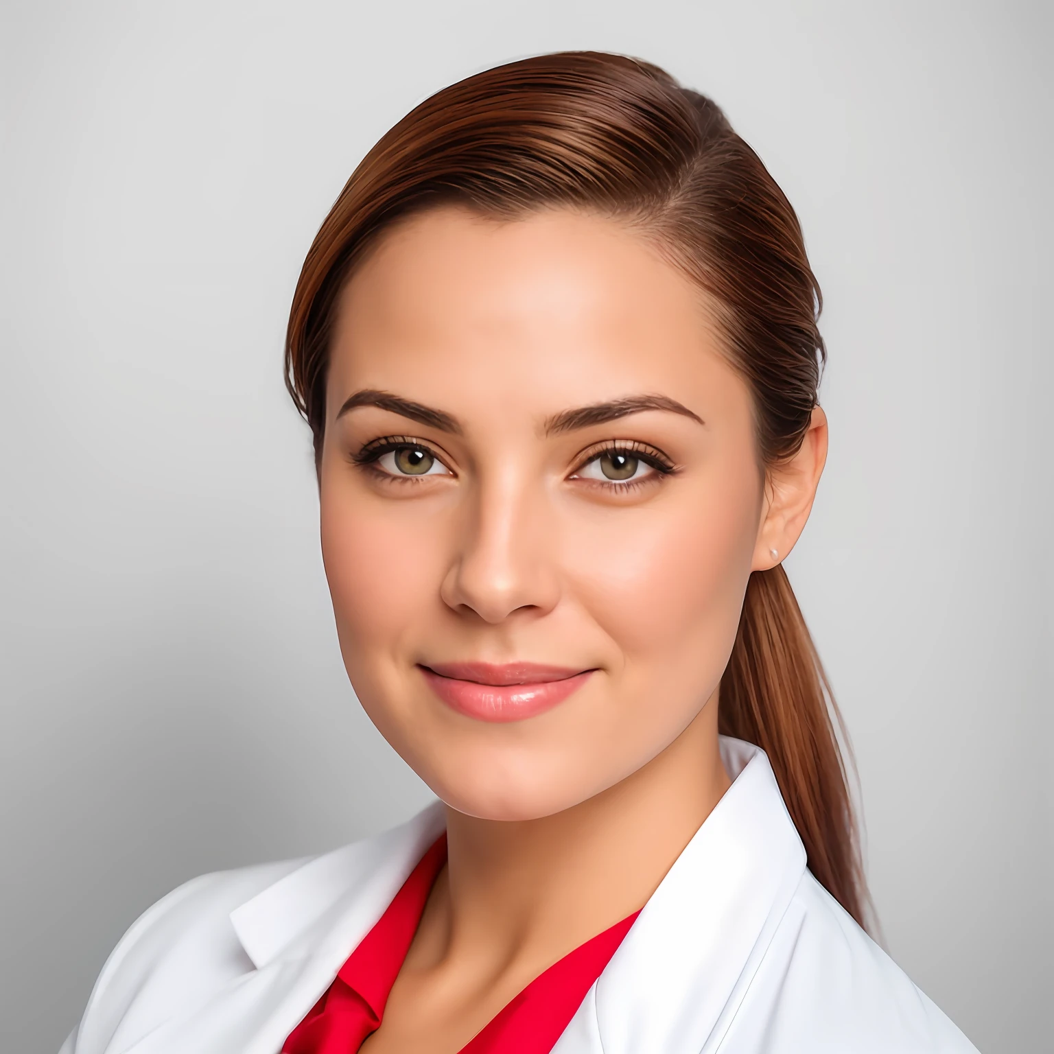 Smiling woman in white lab coat with red tie and white shirt, Small and shiny spherical earring, fotografia headshot, foto headshot, Retrato headshot, foto de closeup profissional, retrato profissional close-up, foto de perfil profissional, medical photography, retrato profissional, Retrato do perfil, imagem retrato, head and shoulder shot, foto retrato profissional, professional headshot, fotografia de retrato profissional, Foto profissional detalhada, amazing professional picture, Retrato promocional