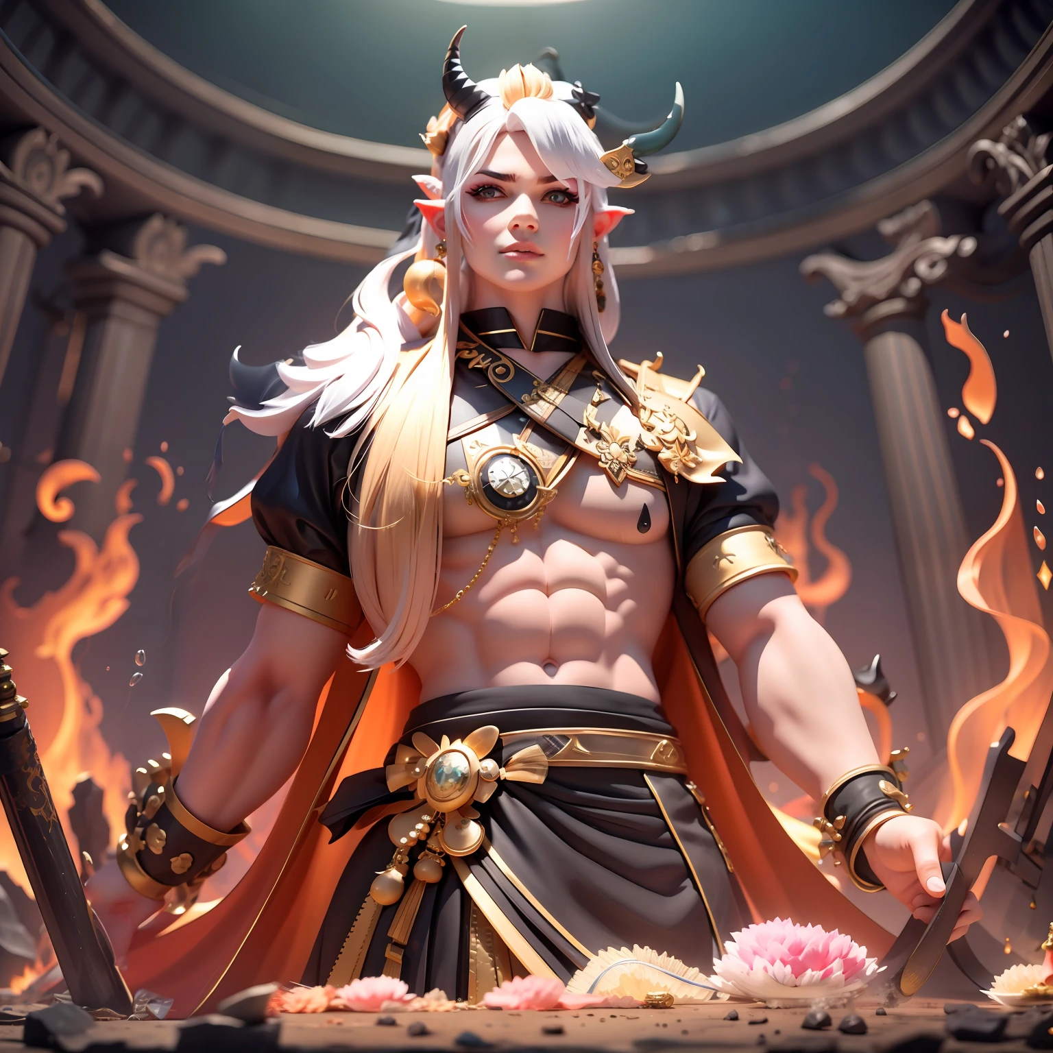 "Fix hairstyle and refine the shape of the horns on the top of the head."