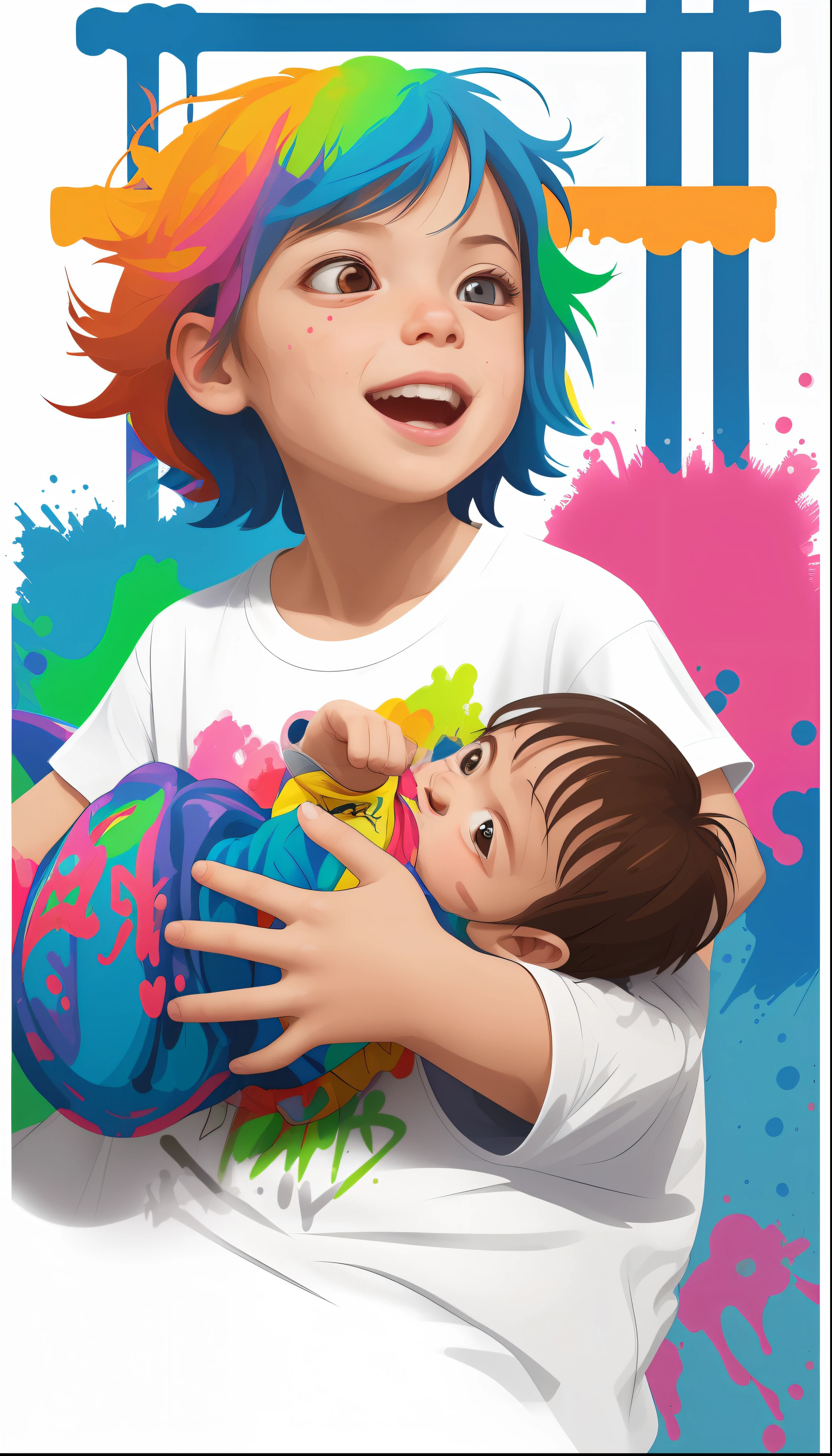 vector t shirt art, 1small girl holding her little baby brother, colorful graffiti illustration, colorful splash art background, action shot, high detail, white background, wide-view mode