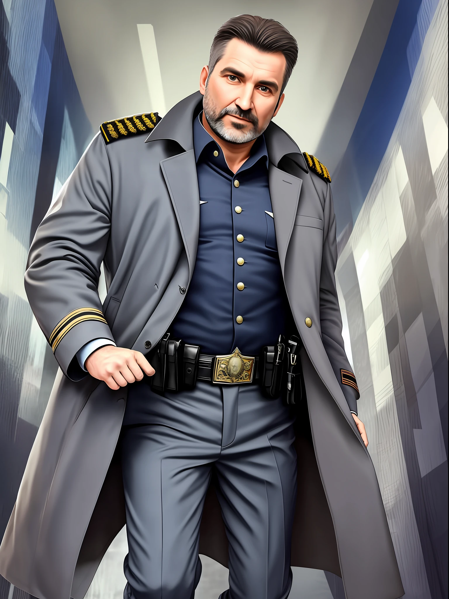40-year-old middle-aged Russian uncle in an overcoat，Inside is a white shirt，There is the majesty of an officer on the face，The crotch is raised