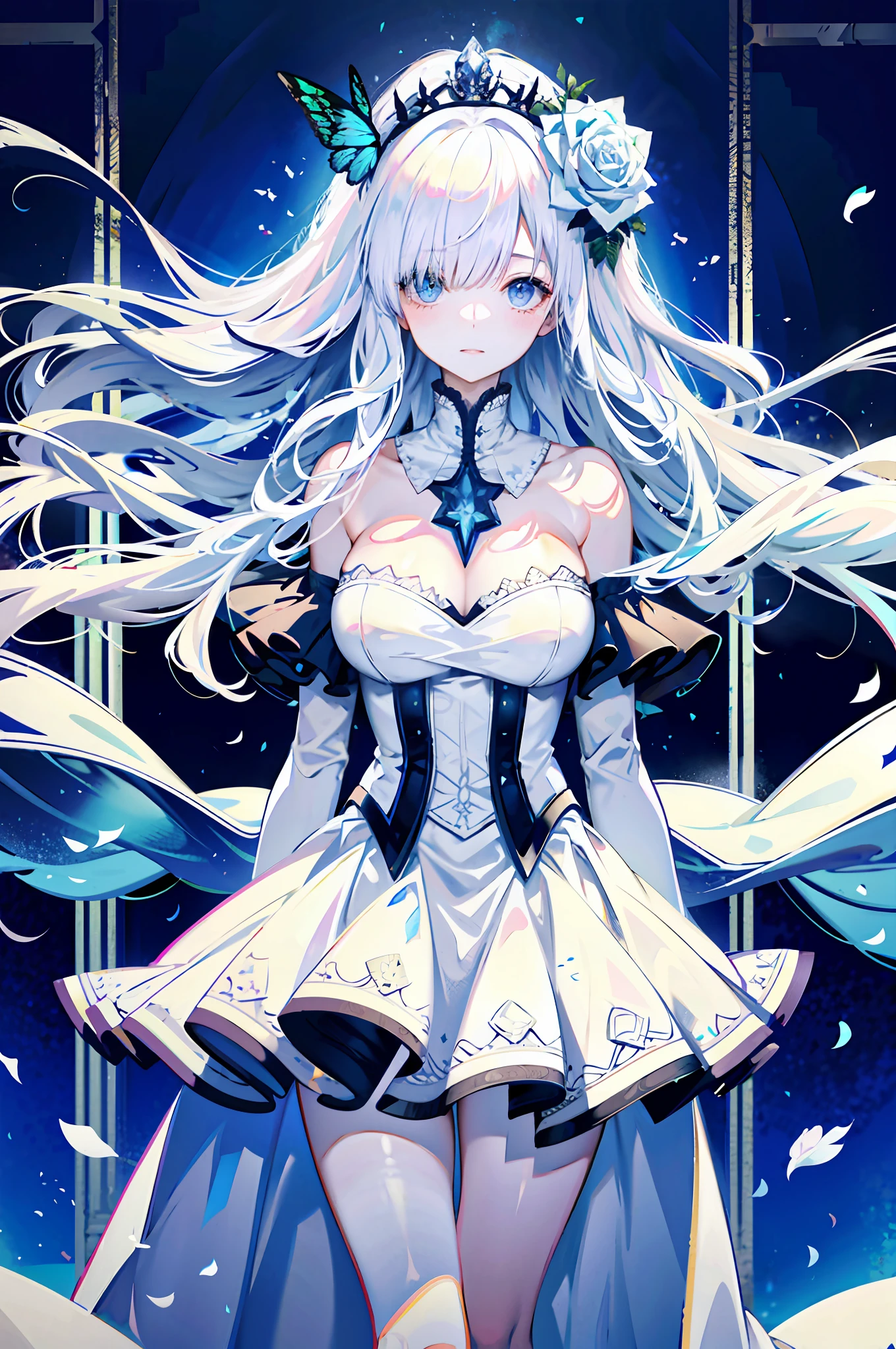 silber hair,butterflys,long whitr hair,white wedding gown,8k wallpaper,detailedbackground,Highest high resolution,deep v big breasts,Hair covers one eye,Bandeau wedding dress,chies,White rose,tight-fitting,chies,In the daytime,