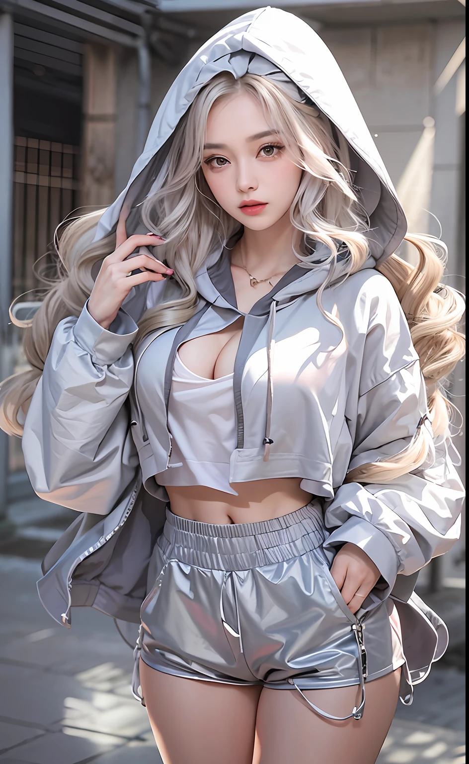 (tmasterpiece,realisticlying,A high resolution),((1girll):1.2),korean people,((White wavy hair):1.3),(heterochromatic eyes:1.1,Thick eyebrows,),(White showy hoodie,Black sports shorts),((mediuml breasts):1.2,Small waist,upper legs),Catwalk walk,gigantic cleavage breasts,Raised ,Get wet all over your body,Pose with your hips facing you