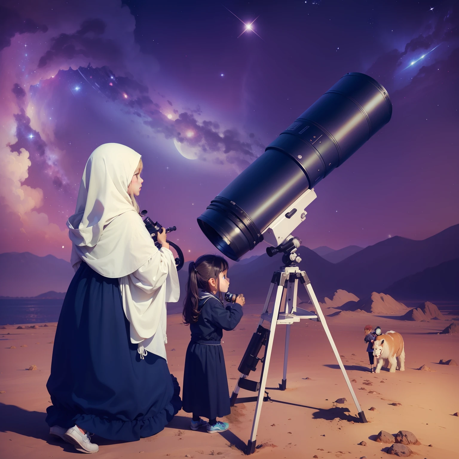 A woman from Arafed and a little girl looking through a telescope, telescope, Predicting the future, Watch the stars, Regarder le ciel, Planets visible in the sky, Regardez au loin, astronomie, astronomique, Regarder la lune, Regarder dans le cosmos, astrophotographie, In Search of the Stars, Watch the stars, Photographie fine en plein air