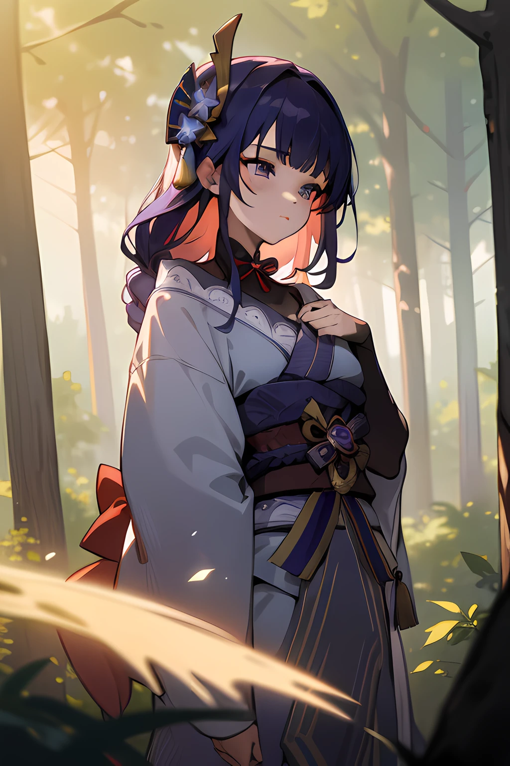 (masterpiece, best quality:1.2), 8k, ultra high res, high detailed, 1girl, solo, forest, sunbeam, dusk, light particles, raidenshogunrnd,