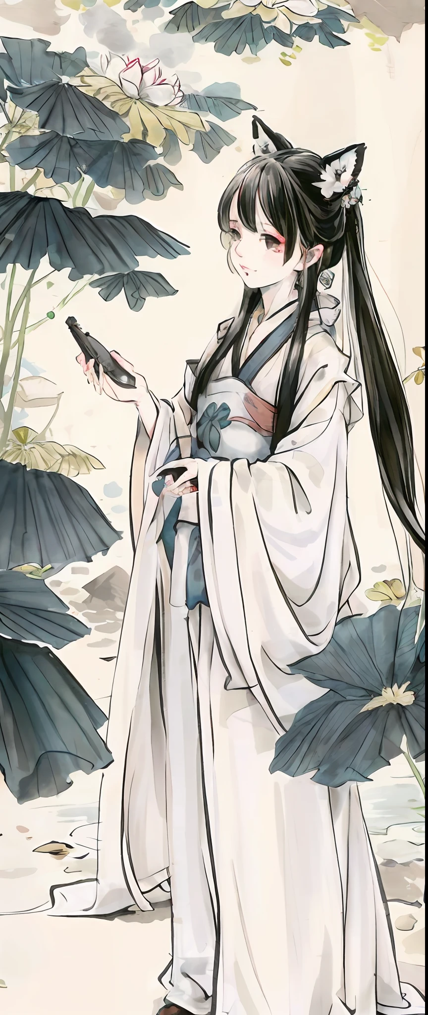 ((4k,masterpiece,best quality)), shuimobysim, Chinese painting, lotus, Hanfu, maxikit, conservatively dressed 1 boy, solo, white hair, fox ears, white, fish, there are many fish near the boy, look at the audience, tease oneeshota ,