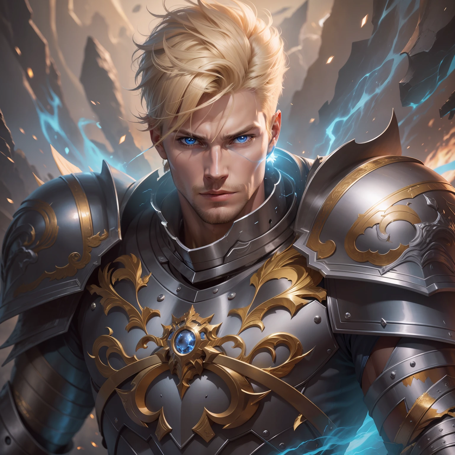 realistic image of a blond man with short hair, 30 years old, tall, strong, extremely detailed blue eyes, with a devilish expression, dressed in a silver armor torso and golden shoulder pads of a rpg warrior, attacking with a bright, flat power background image of a black hole