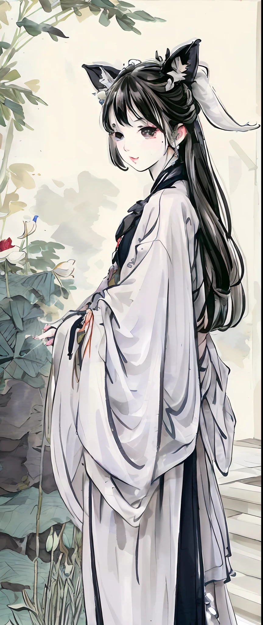 ((4k,masterpiece,best quality)), shuimobysim, Chinese painting, lotus, Hanfu, maxikit, conservatively dressed 1 boy, solo, white hair, fox ears, white, fish, there are many fish near the boy, look at the audience, tease oneeshota ,