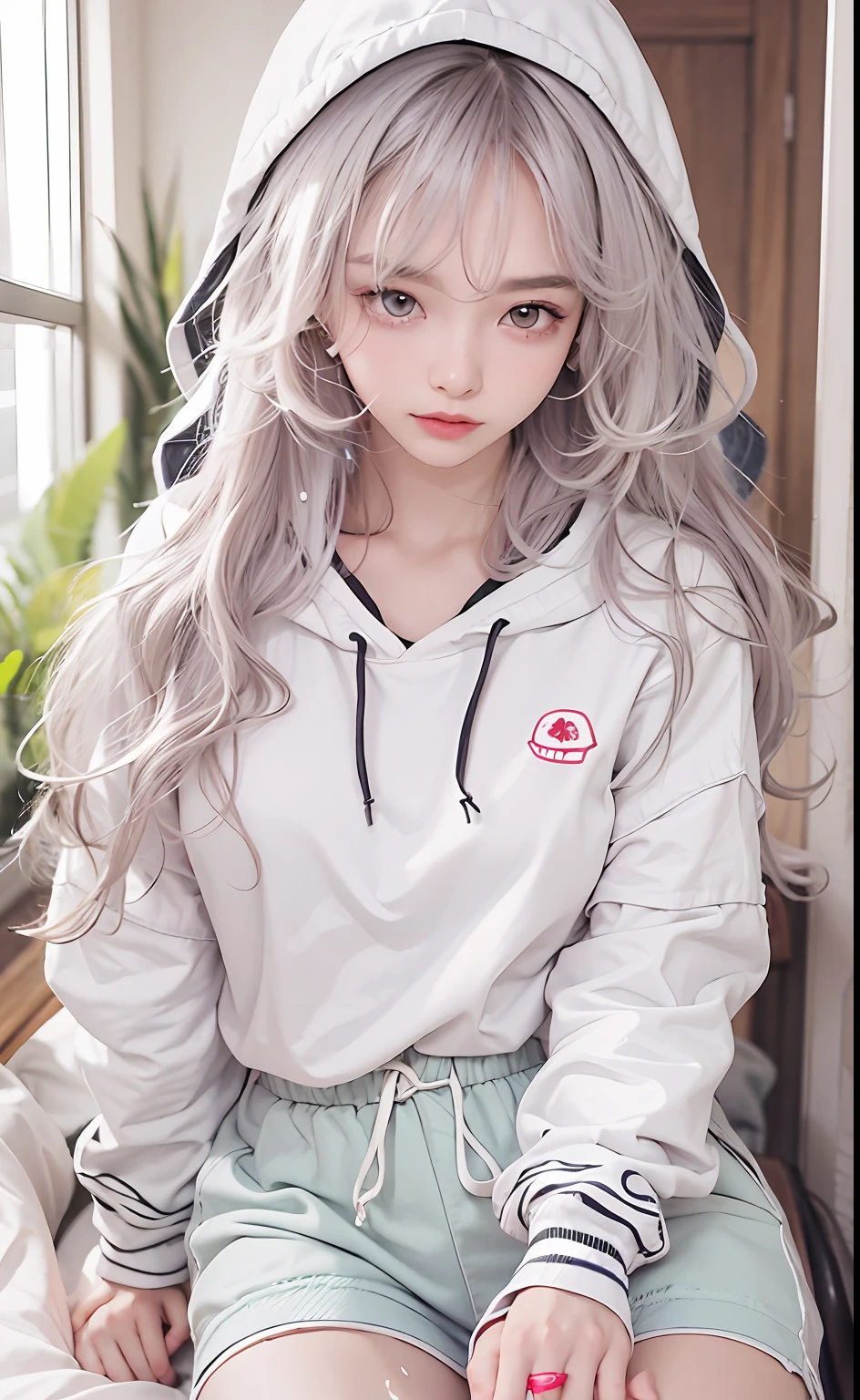 (tmasterpiece,realisticlying,A high resolution),((1girll):1.2),korean people,((White wavy hair):1.3),(heterochromatic eyes:1.1,Thick eyebrows,Little moles under the eyes),(White showy hoodie,Black sports shorts),((mediuml breasts):1.2,Small waist,upper legs),Sitting on the bed with huge breasts,Raised ,Get wet all over your body,Pose with your hips facing you