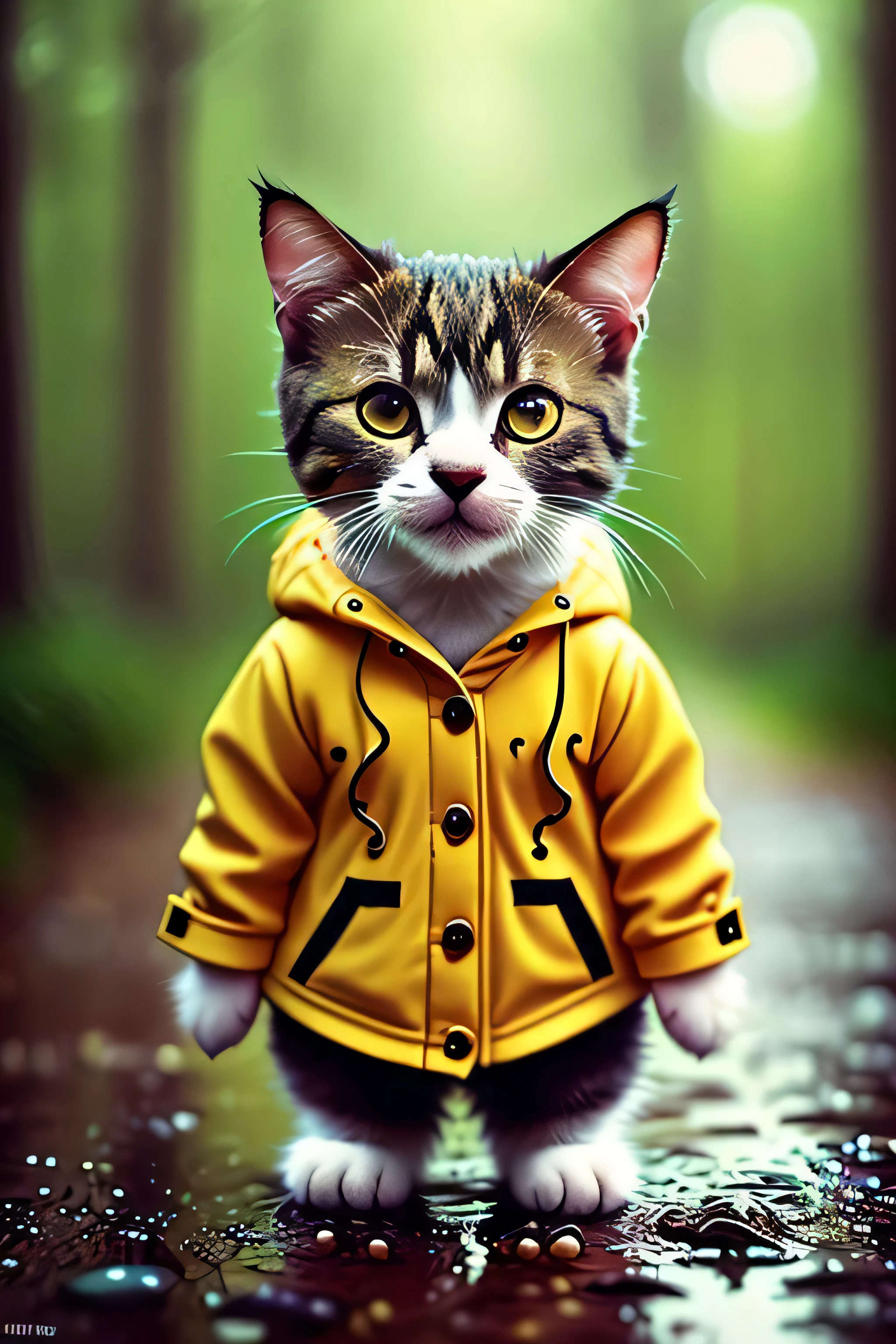 girl, CircuitBoardAI, tiny cute (happy1.4) cat in a (yellow raincoat1.3) in the woods, rain, a character portrait, Tilt-shift, bokeh
