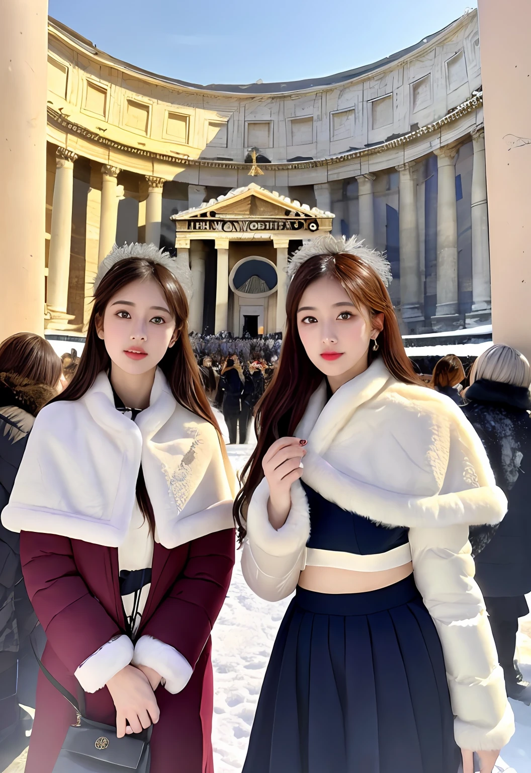 (Positive focus, Original photo), (2girls,duo,navel,Enter the Pantheon in Rome,crowd,winter,Snow),Surrealistic Female Portraits by David Hockney and Alphonse Mucha, Fantasy art,Wear gorgeous furs, (shiny pupils: 1.4, Big eyes: 1.1), Photo fidelity, Dynamic lighting, Art Station, poster for, voluminetric lighting, Very detailed face, 4K, Award-winning, Shadows, understated, (official outfit: 1.4, Gorgeous fur, Complex clothing, Furs), Looking at the camera, Bust Up Shot, (Realistic face)),