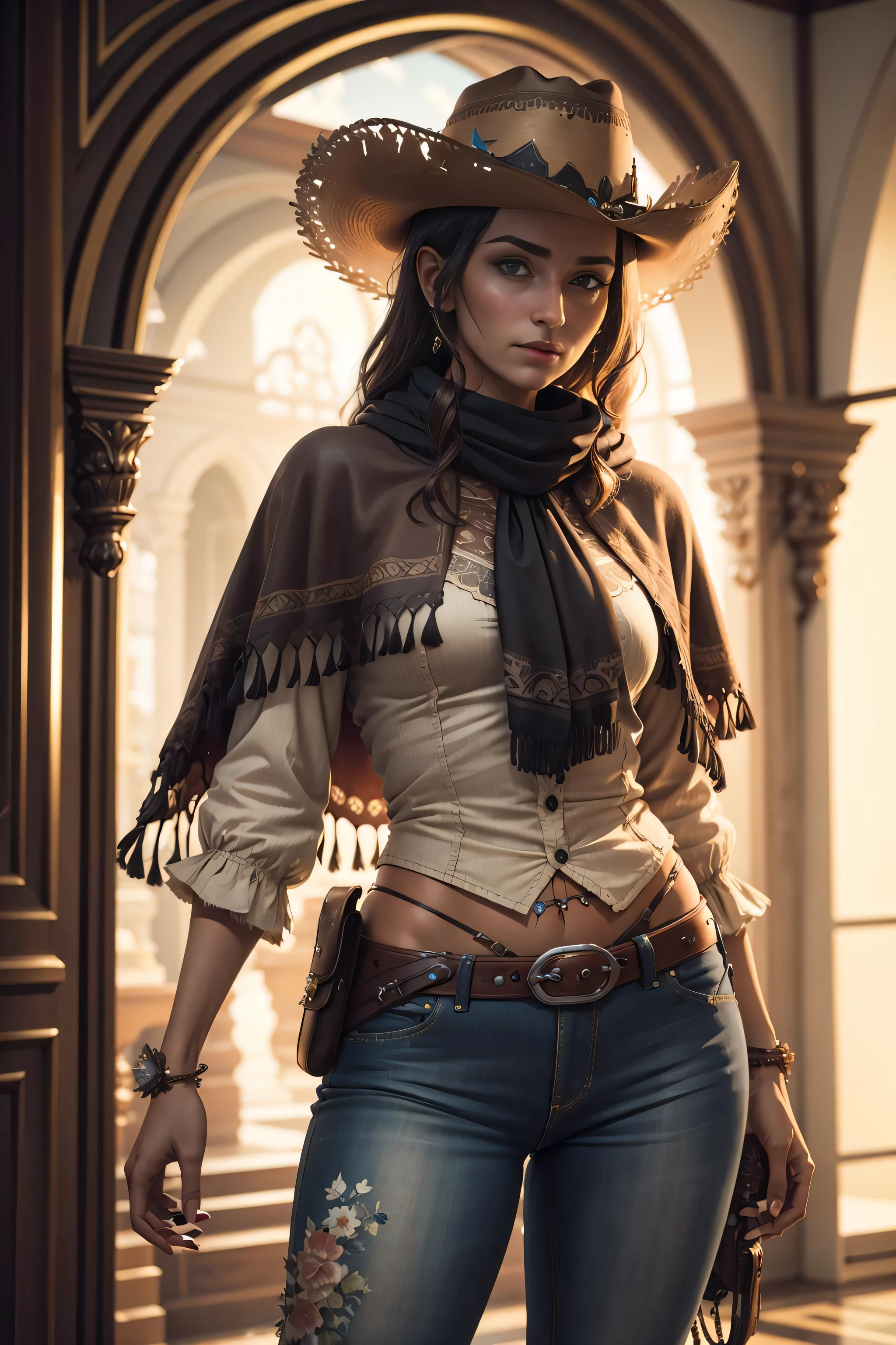 (Best Quality:1.6), (Masterpiece:1.2), Highres, Absurdres, Detailed, Intricate,
(Detailed Saloon:1.4), Rough Cowboy Western RPG Character Poncho Holster Sombrero ,
rich colors, hyper realistic lifelike texture, dramatic lighting, Subsurface Scattering, (smile512:0.45),
HDR, Cinematic Scene, Volumetric Lighting, Specular Lighting, Ultra Realistic