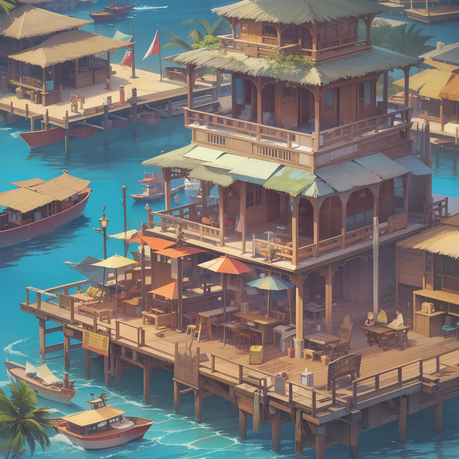 Tropical indian island port, vacation resort, big port, sunny, white sandy beaches, many docks, many dock piers, traditional indian ships, blue sea, big body of water, in anime style, cartoonish, stylized
